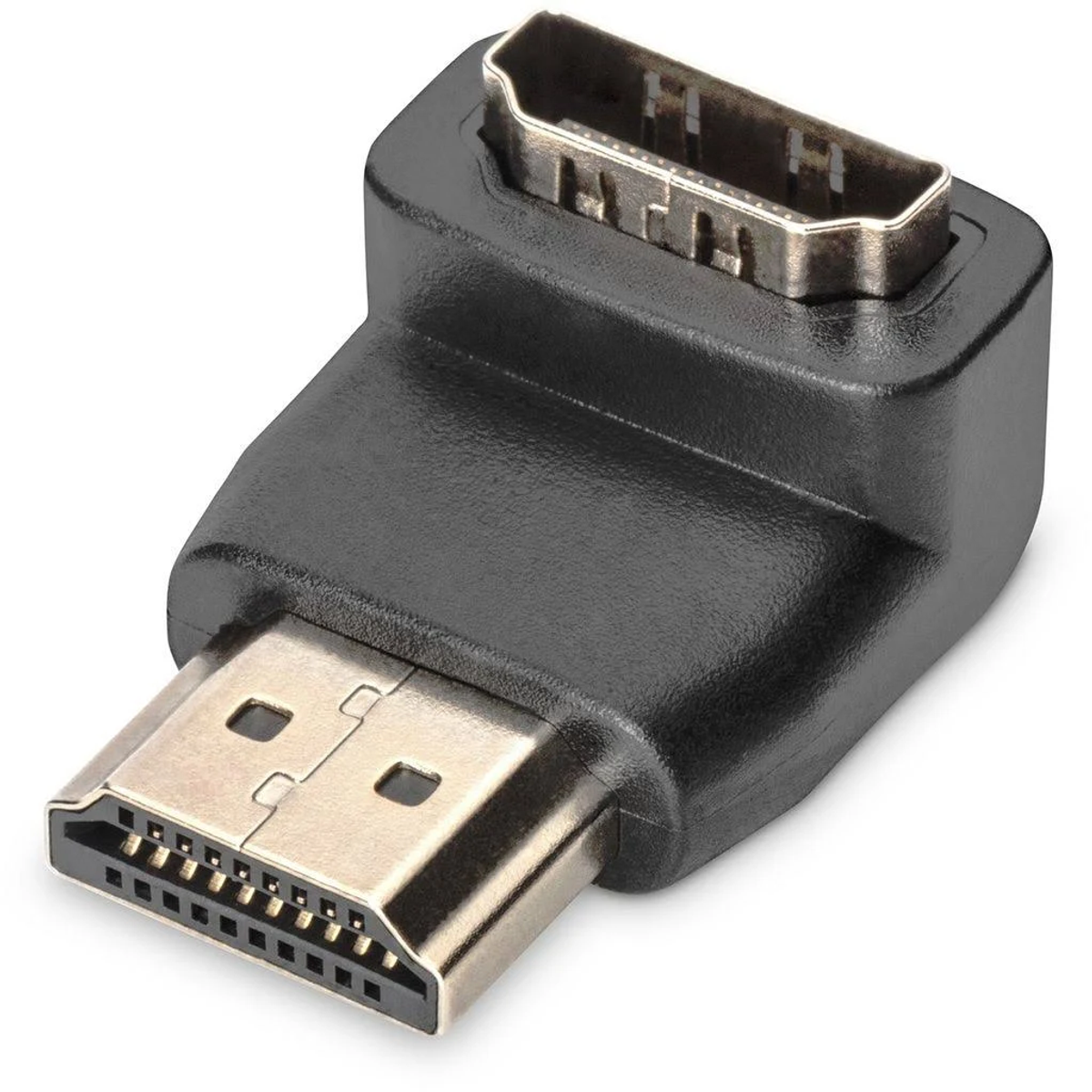 Un adattatore HDMI nero con due connettori ad angolo retto.