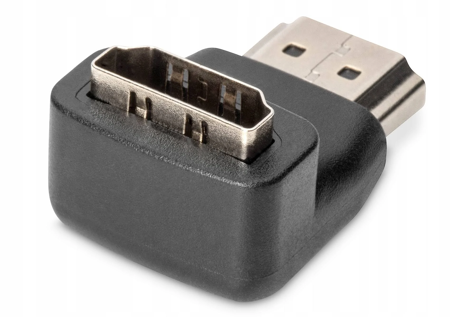 Un adattatore nero ad angolo retto presenta una porta mini-HDMI su un lato e una HDMI standard sull'altro.