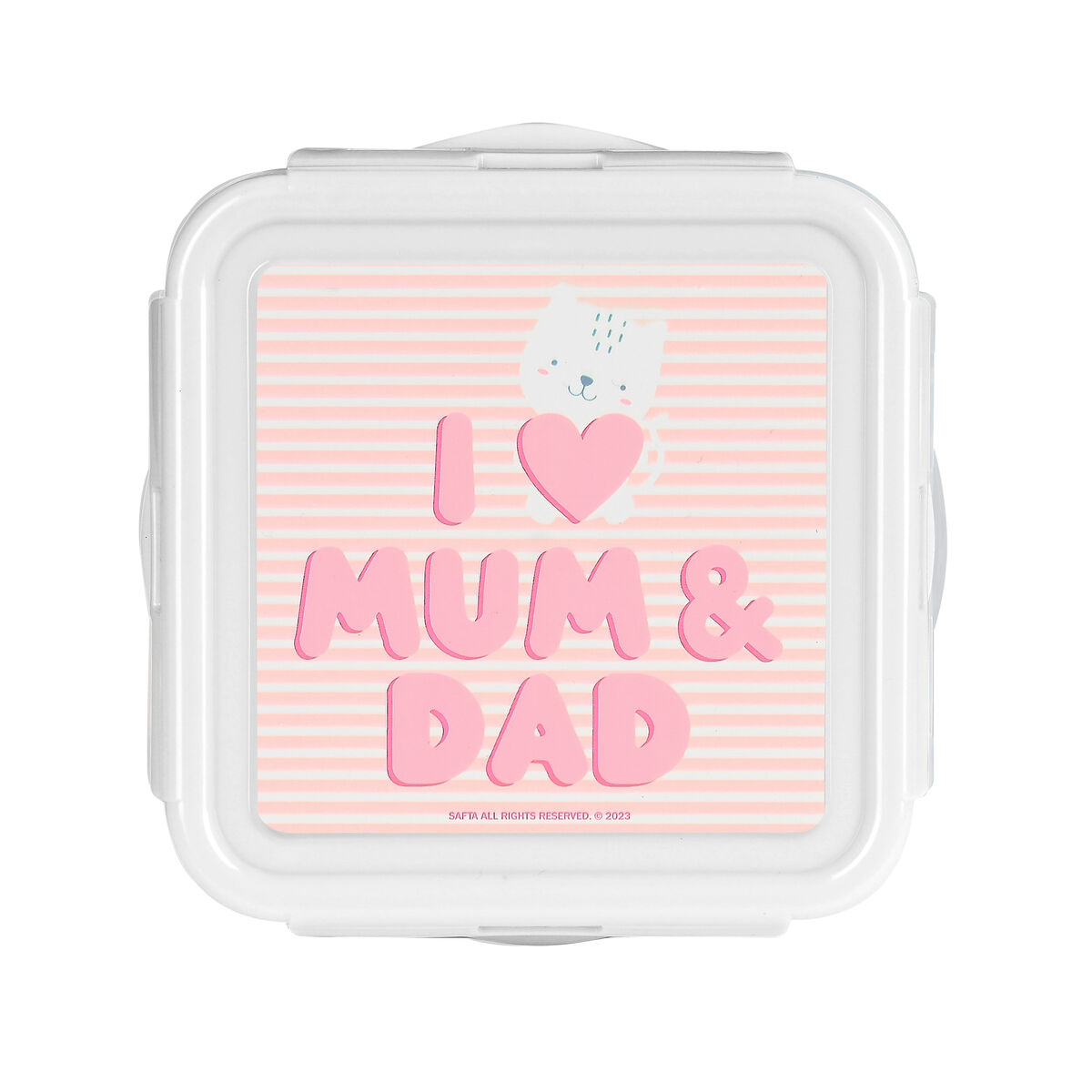 Weiße Brotdose mit rosa Streifen, Katzenmotiv und dem Text 'I love Mum & Dad'.