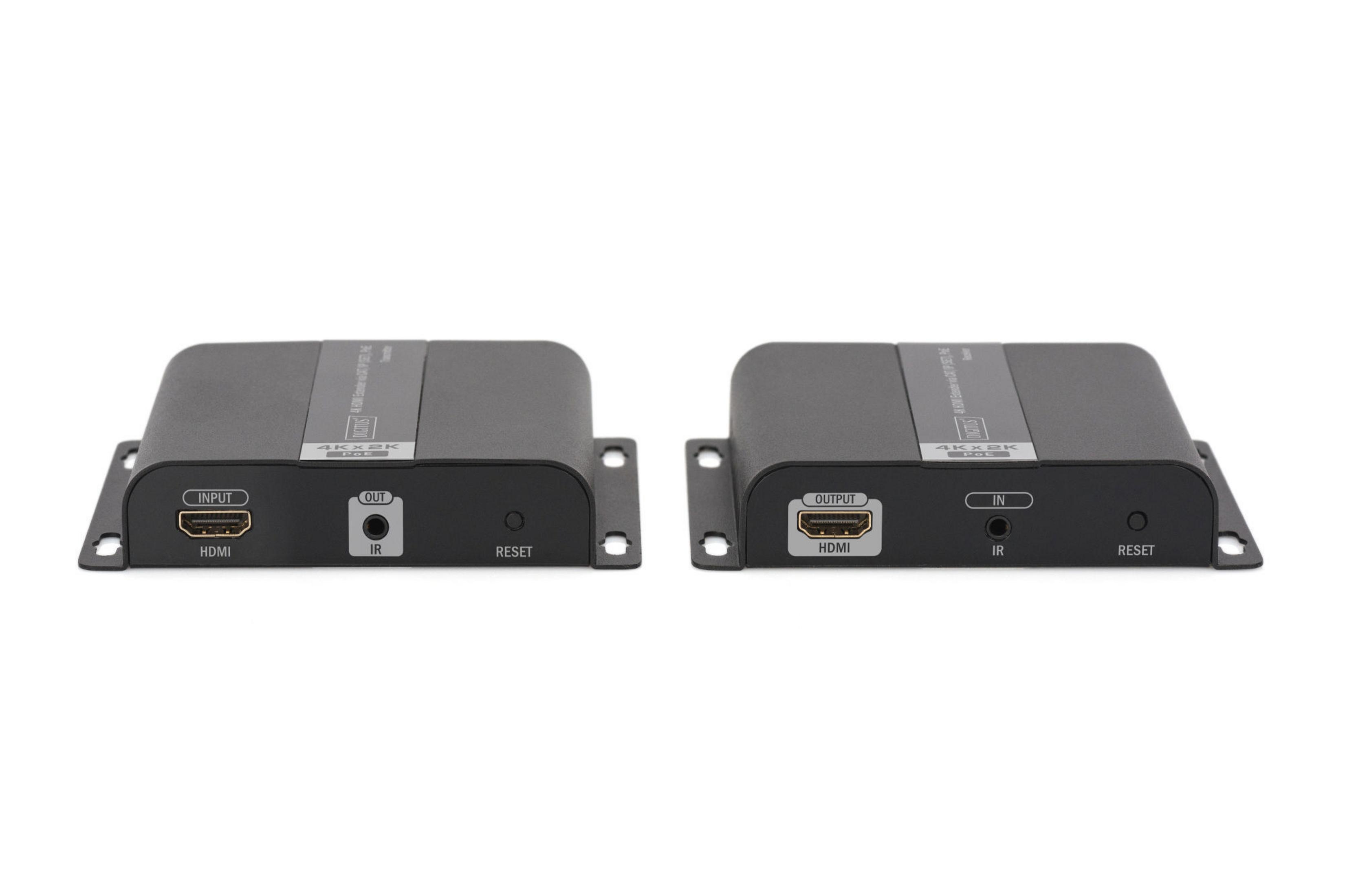 Zwei schwarze HDMI-Extender auf weißem Hintergrund. Jeder hat HDMI-, IR- und Reset-Anschlüsse.