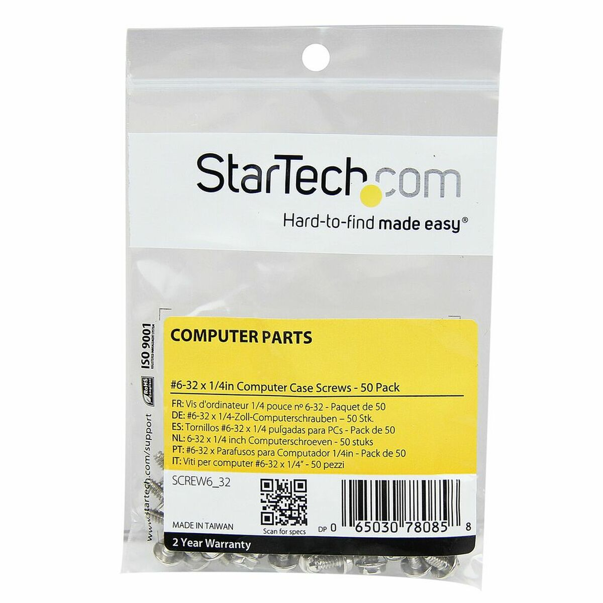 Klare Plastiktüte mit Schrauben, ein gelbes Etikett mit Text und einem QR-Code. Die Marke ist StarTech.com.