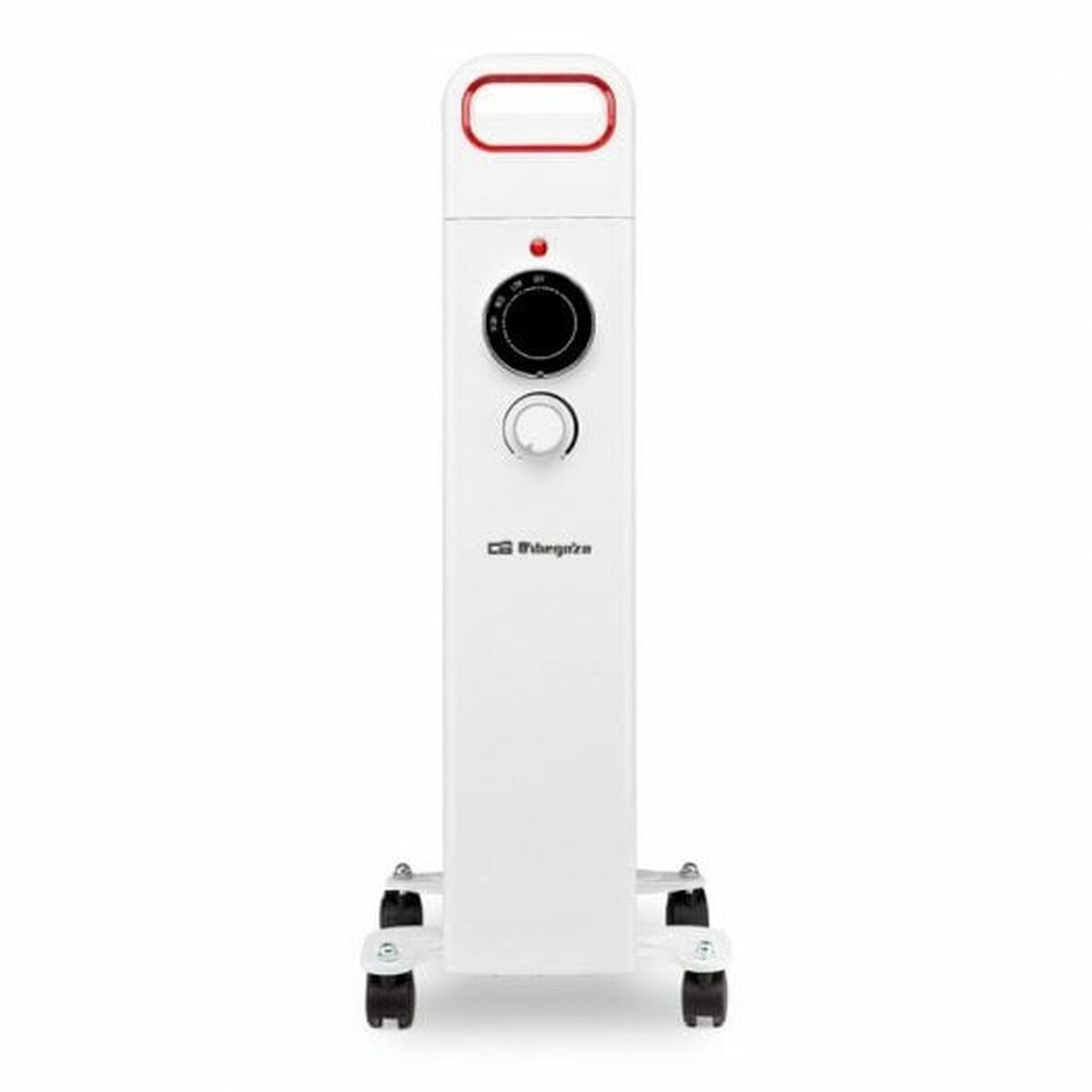 Biały grzejnik elektryczny z czerwonym uchwytem i czarnym panelem sterowania. Jeździ na kółkach.