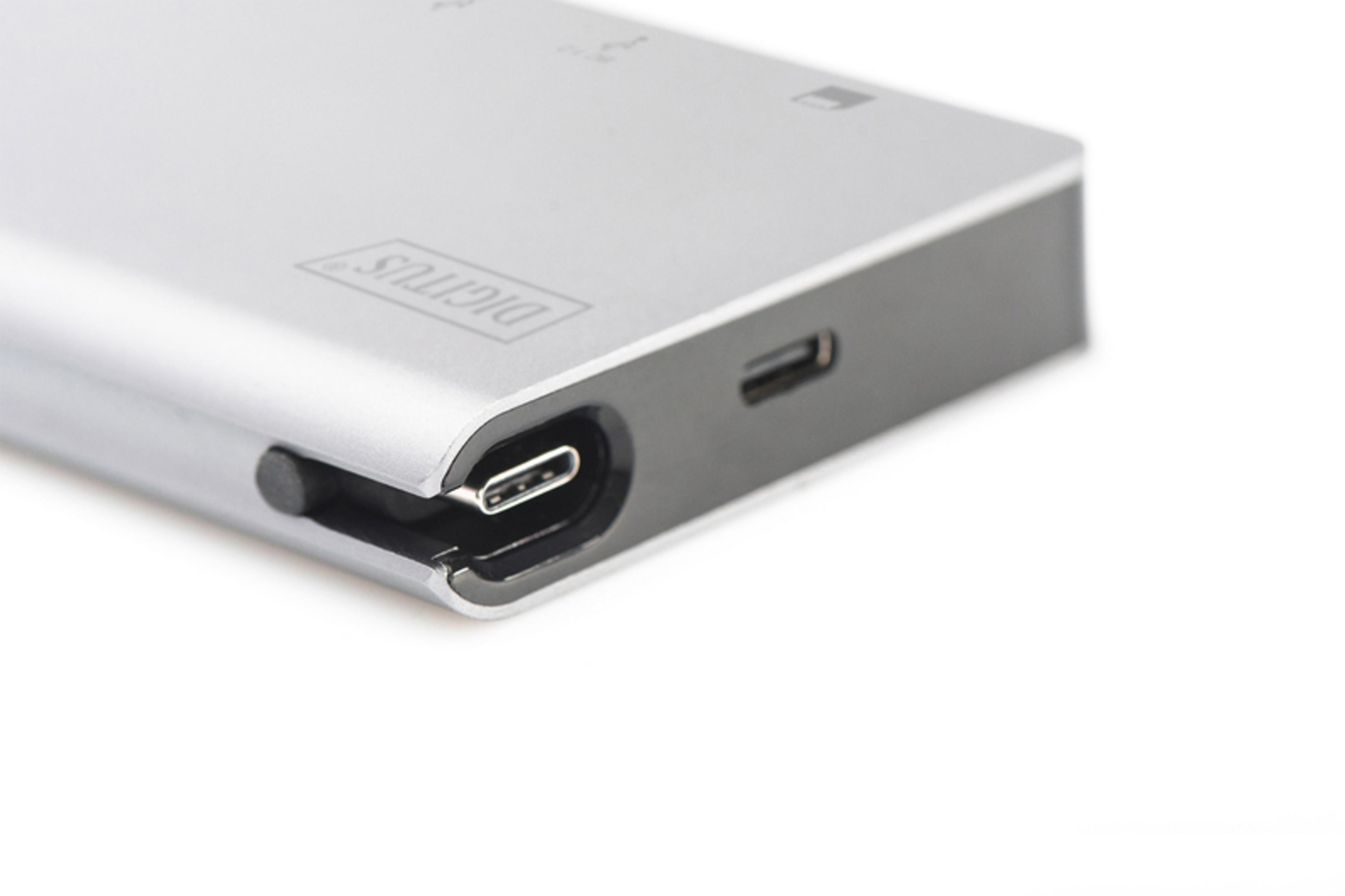 Un dispositivo argento con porta USB-C, una piccola porta e il marchio 'DIGITUS'.
