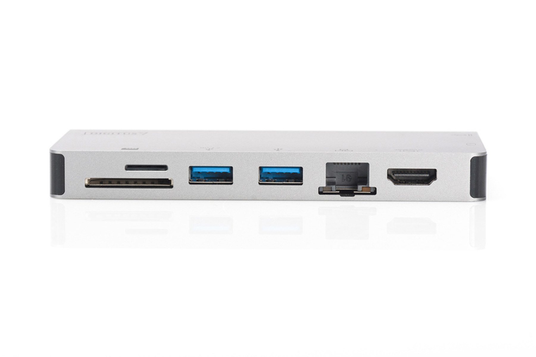 Hub argentato con più porte: SD, USB, Ethernet e HDMI. Sfondo bianco.