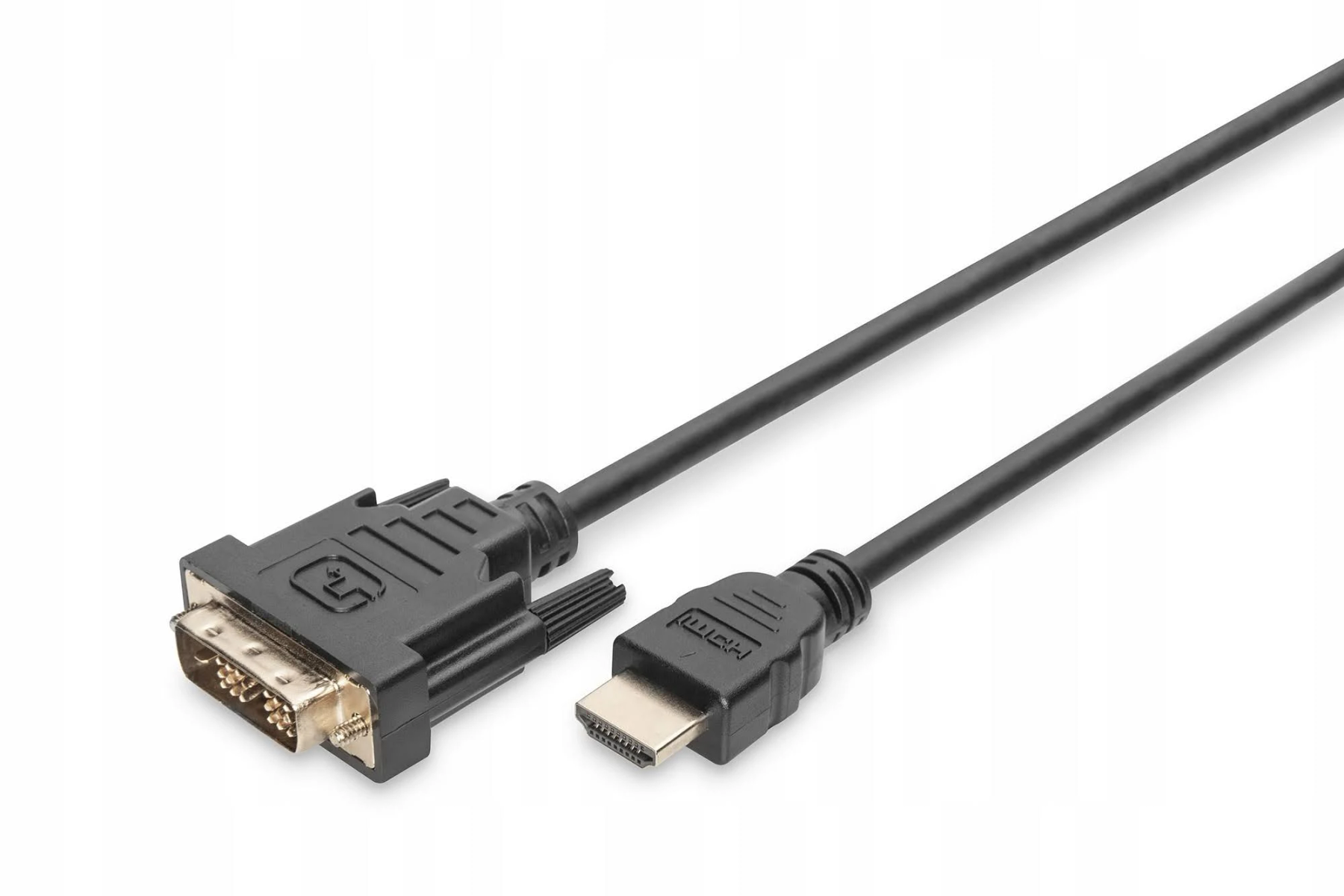 Schwarzes HDMI-zu-DVI-Kabel, das Anschlüsse an beiden Enden zeigt.