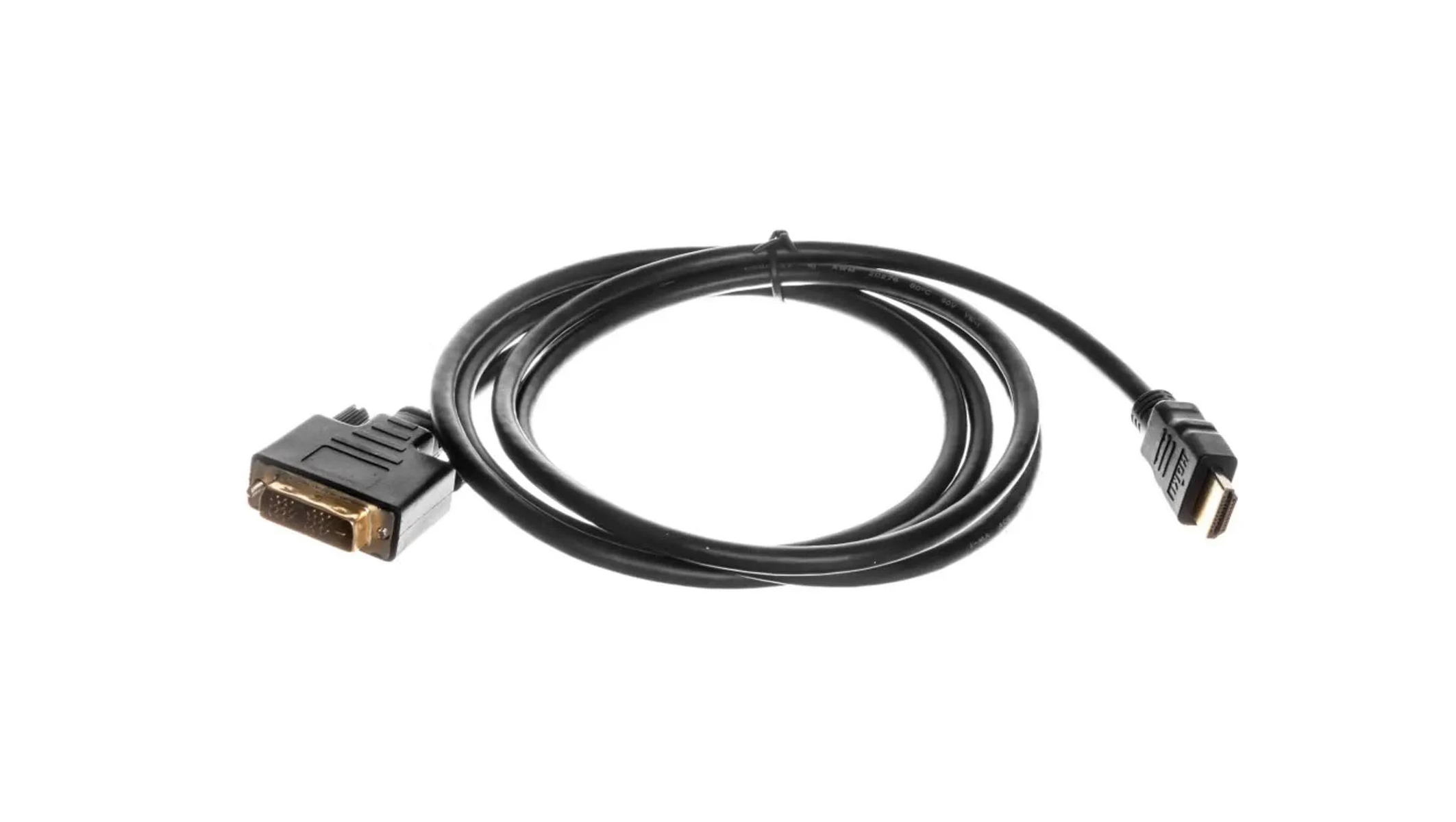 Schwarzes HDMI-zu-DVI-Kabel. Ein Ende hat einen DVI-Anschluss, das andere einen HDMI-Anschluss. Es liegt auf einer weißen Oberfläche.