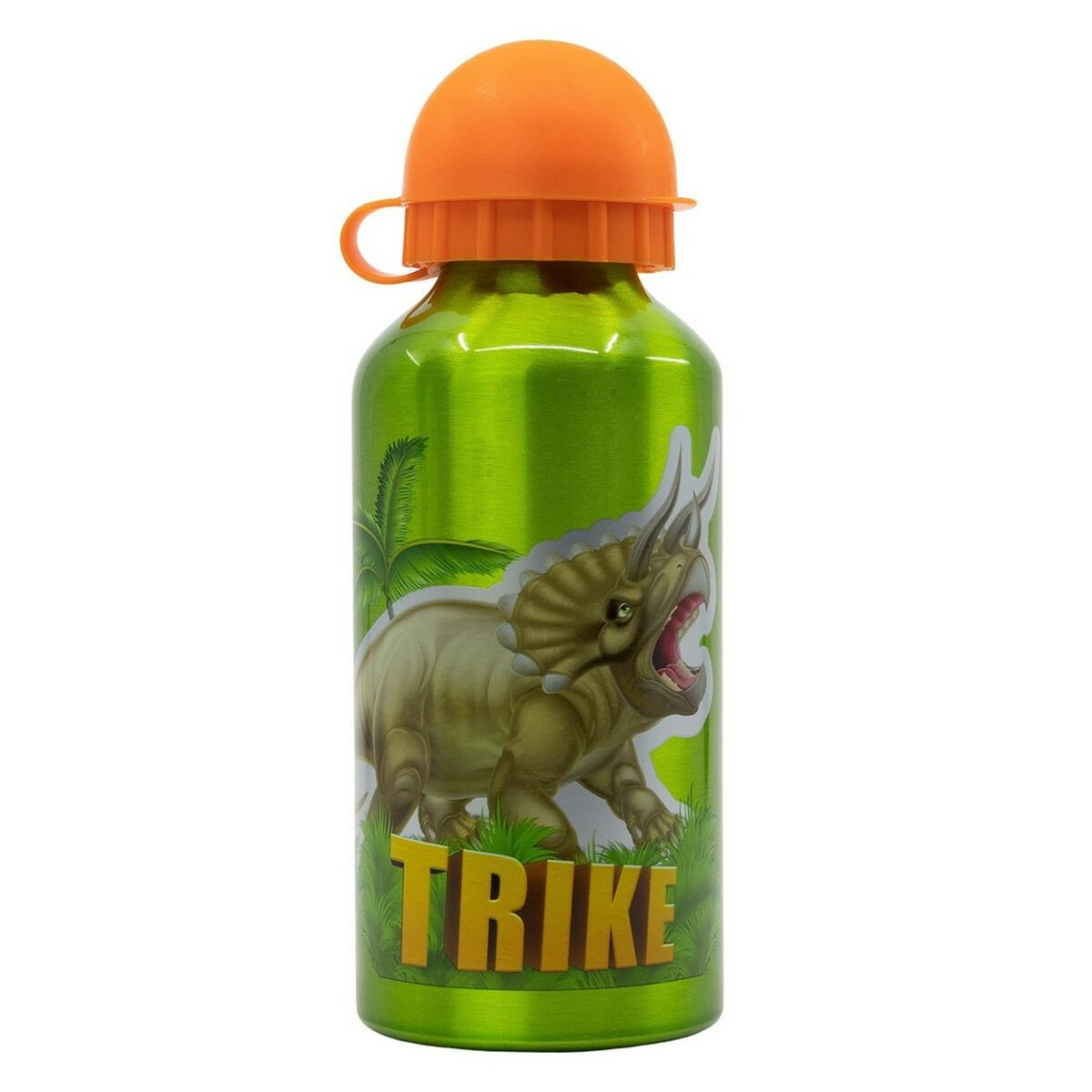 Grüne Dinosaurier-Trinkflasche mit orangefarbenem Deckel. Zeigt einen Triceratops und das Wort 'TRIKE'.