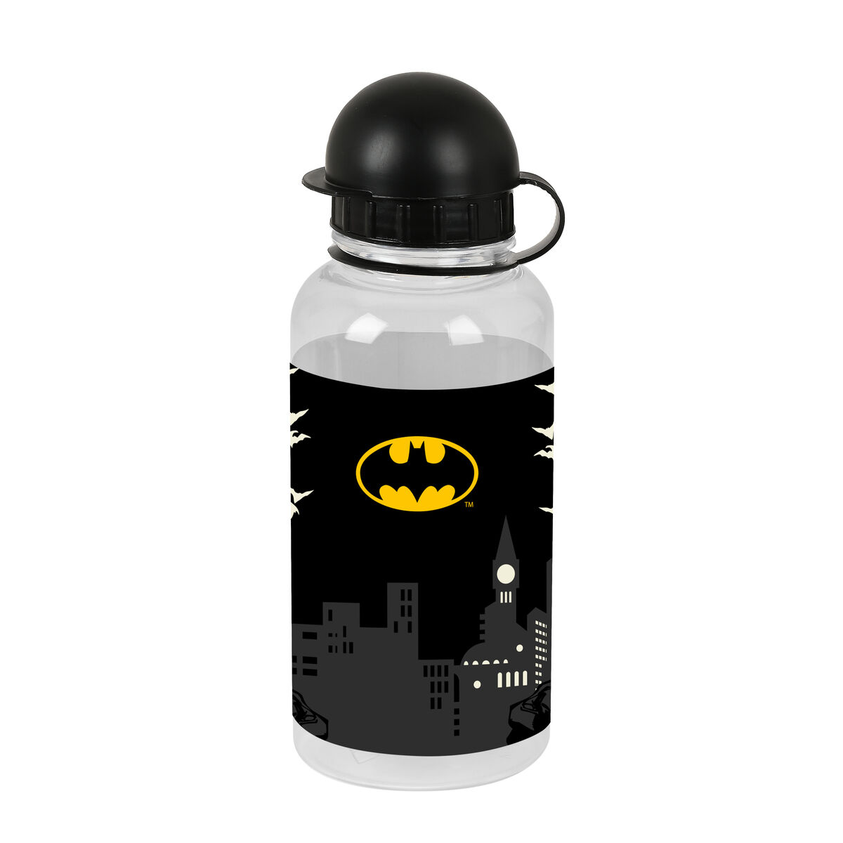 Eine transparente Wasserflasche mit Batman-Logo und Skyline.