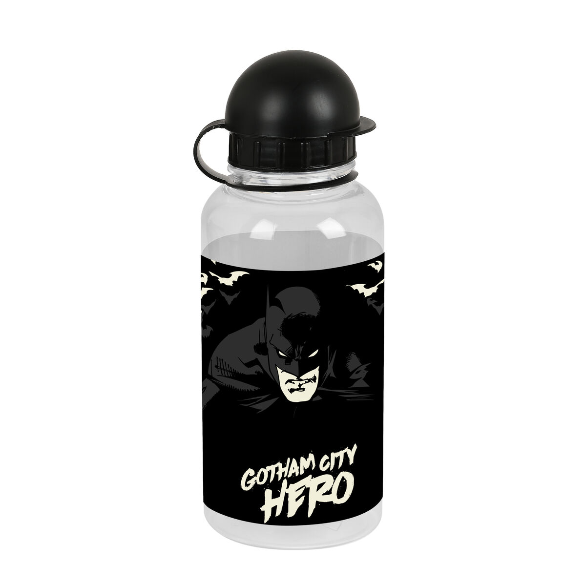 Wasserflasche mit Batman-Design und schwarzem Deckel. Gotham City Hero steht auf der Flasche.