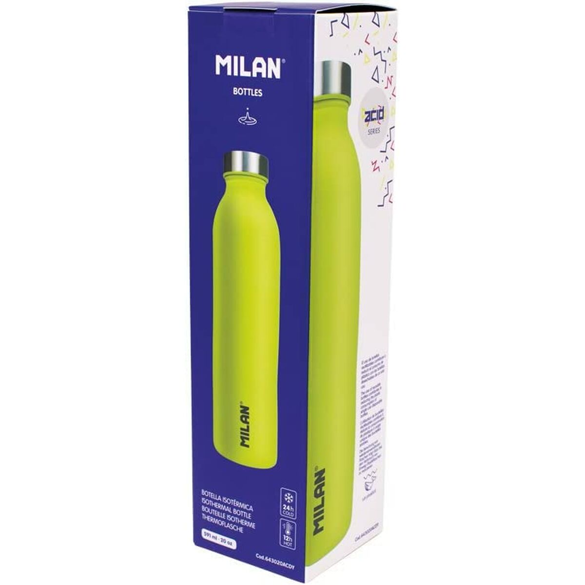 Eine grüne Milan-Flasche mit silbernem Deckel wird in ihrer Box gezeigt. Die Box ist blau und weiß mit dem Markennamen und Details.