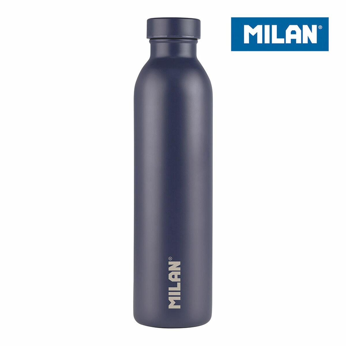 Marineblaue Milan-Trinkflasche, weißes Logo an der Seite, weißer Hintergrund.
