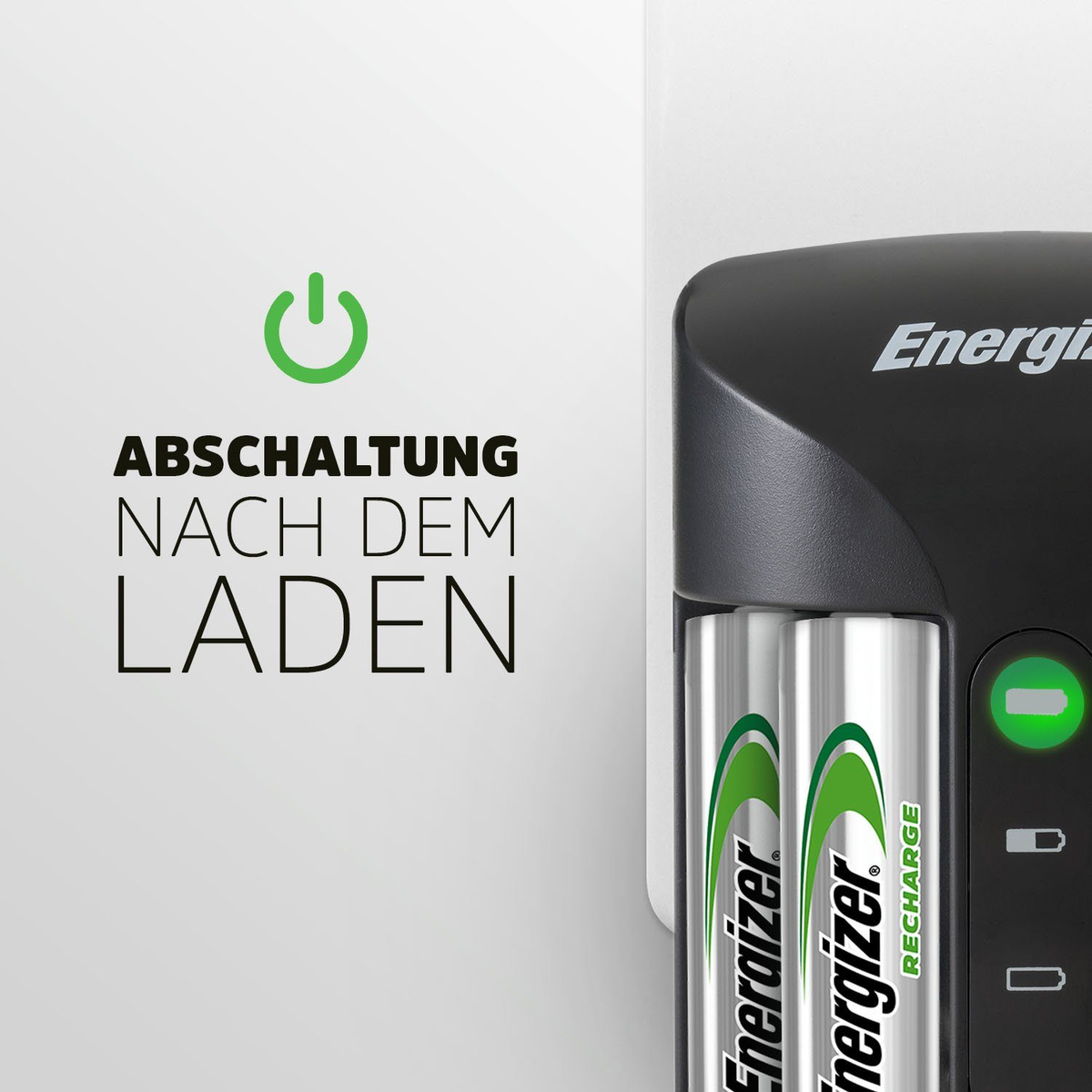 Caricabatterie Energizer con due batterie Energizer. Testo in tedesco: Abschaltung nach dem Laden.