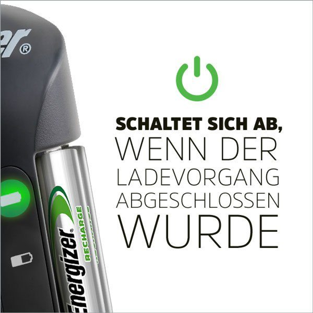 Chargeur de batterie Energizer avec une batterie et du texte indiquant que la charge est terminée.