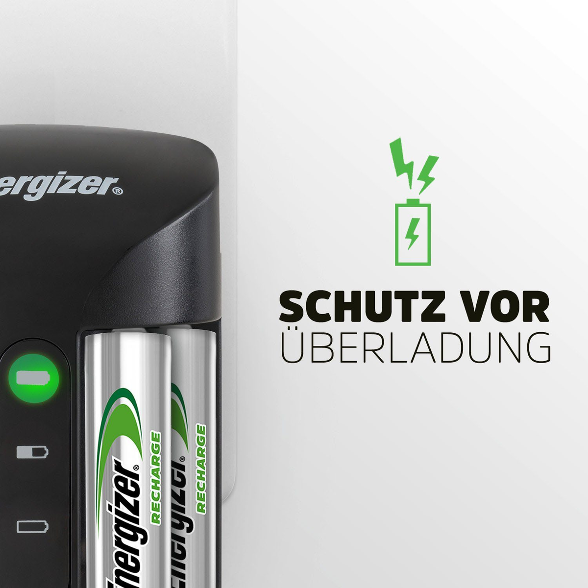 Chargeur de batterie Energizer noir avec deux piles et le texte 'Schutz vor Überladung'.