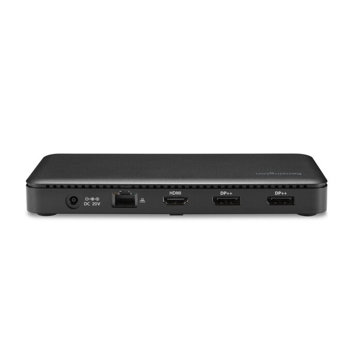 Docking station rettangolare nera. Porte HDMI, DP++, USB. Su superficie bianca.