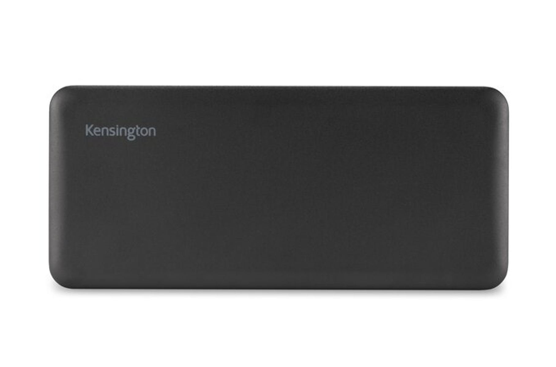 Power bank Kensington nero, forma rettangolare, con il marchio sopra.