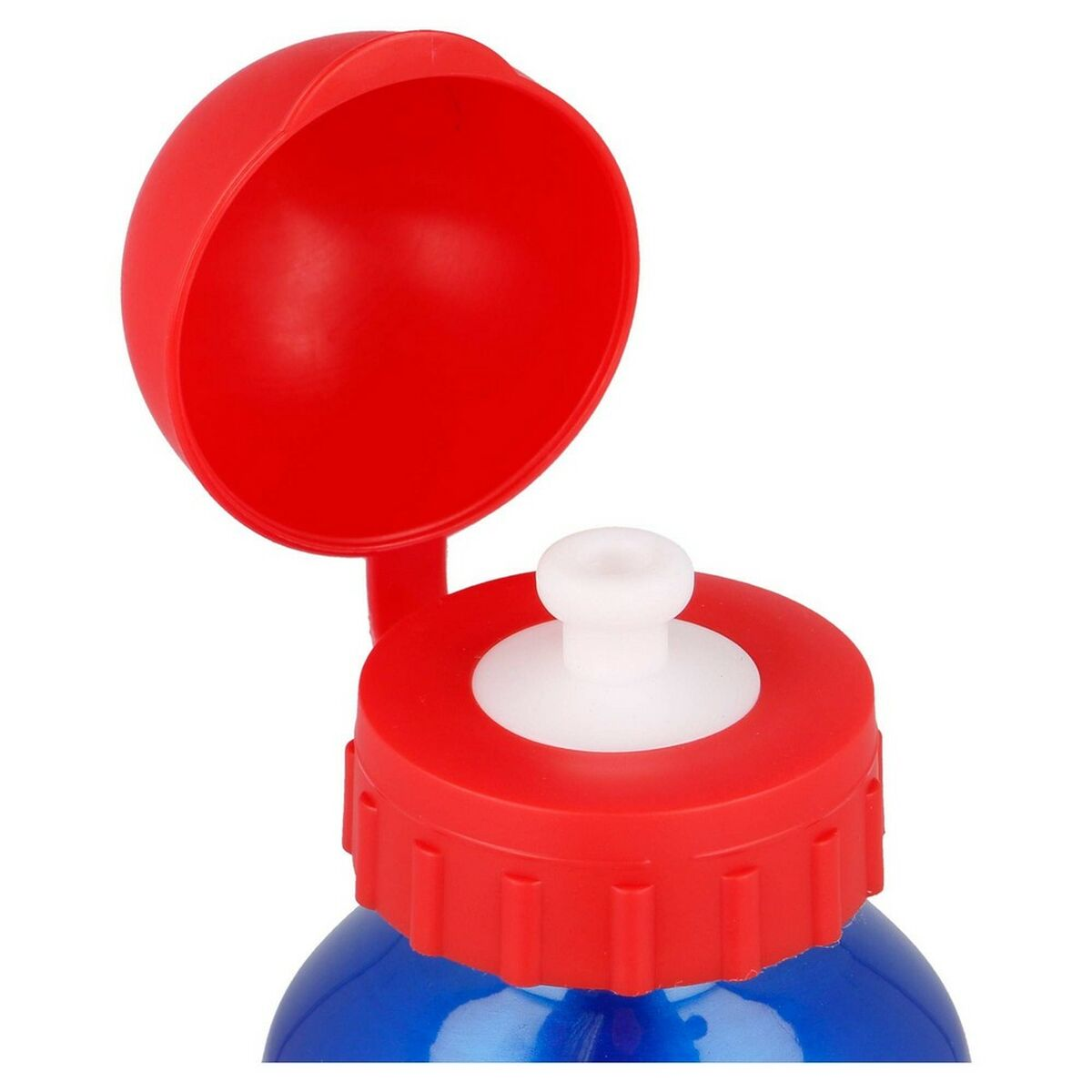 Eine blaue Wasserflasche mit rotem Deckel. Der Deckel ist geöffnet und zeigt einen weißen Ausguss.