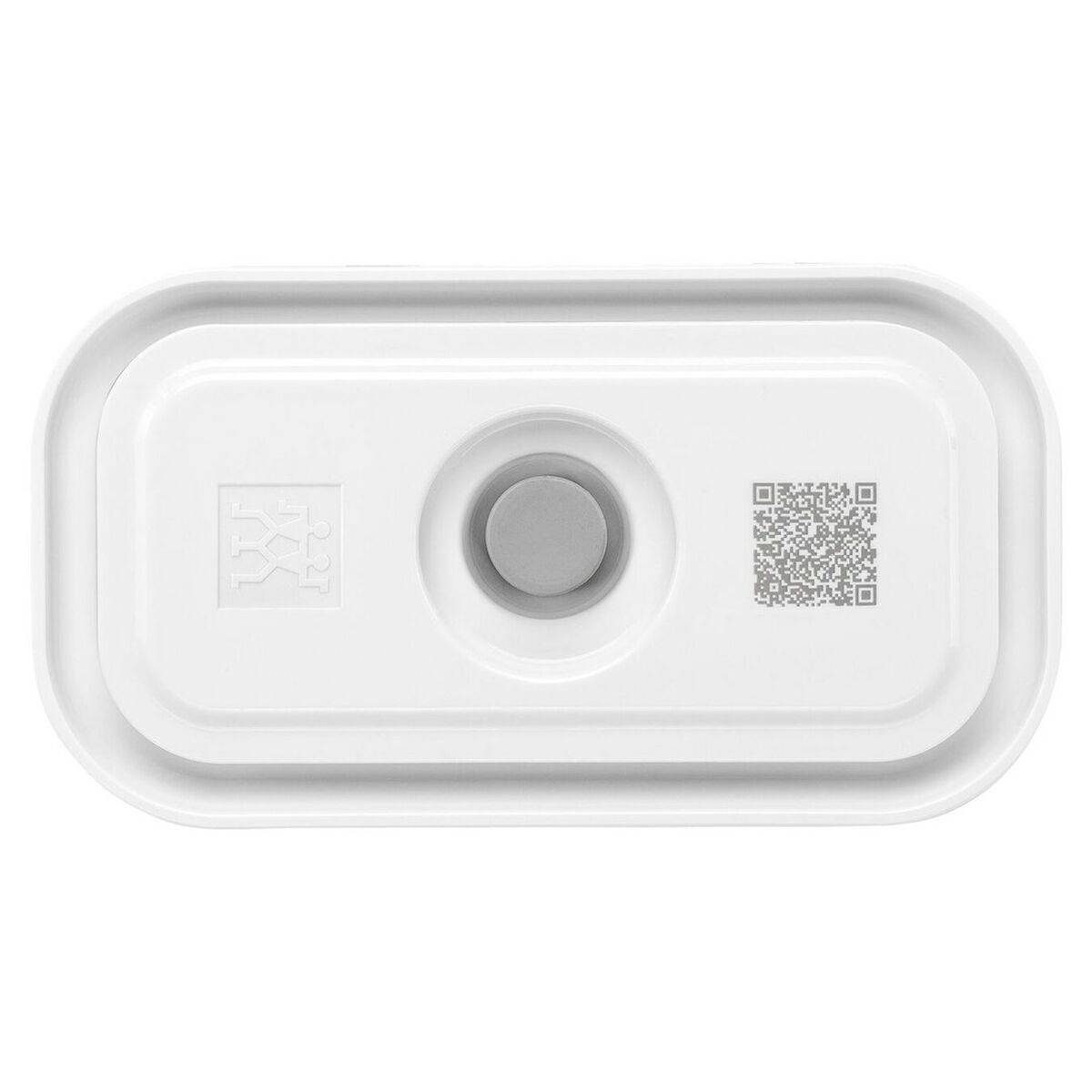 Dispositivo rectangular blanco. Un botón gris central, un logotipo de marca y un código QR son visibles.