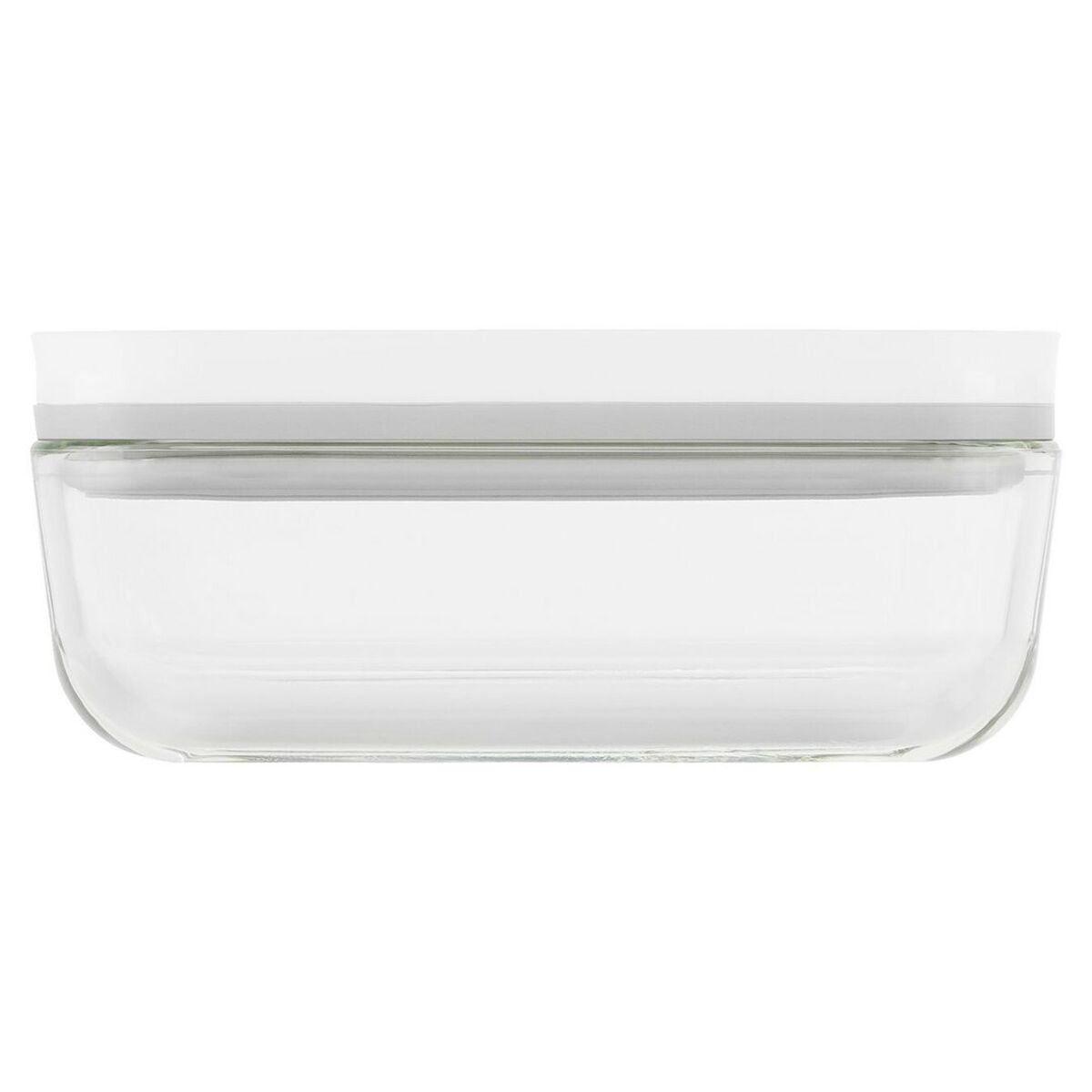 Un recipiente de vidrio rectangular transparente con una tapa blanca.