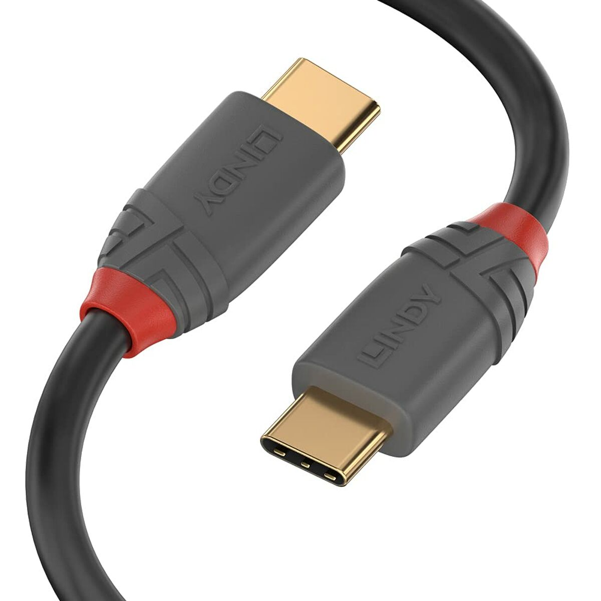Câble USB-C noir et gris avec des accents rouges.