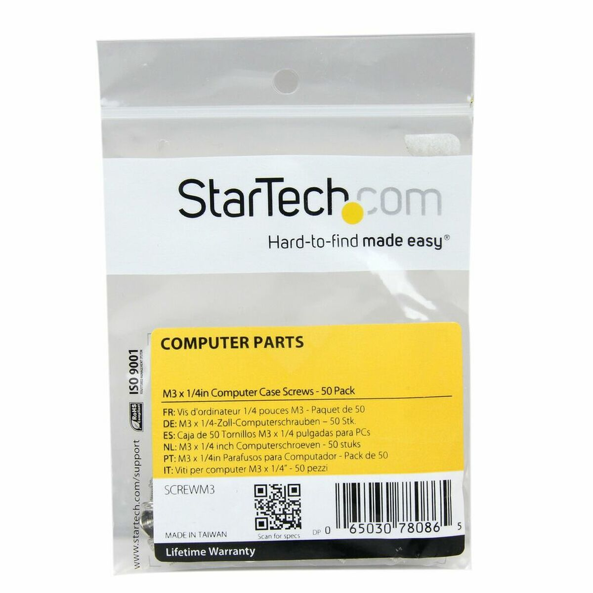 StarTech Computer-Schrauben-Packung. Klare Plastikverpackung, weißer Hintergrund, Produktinfo.