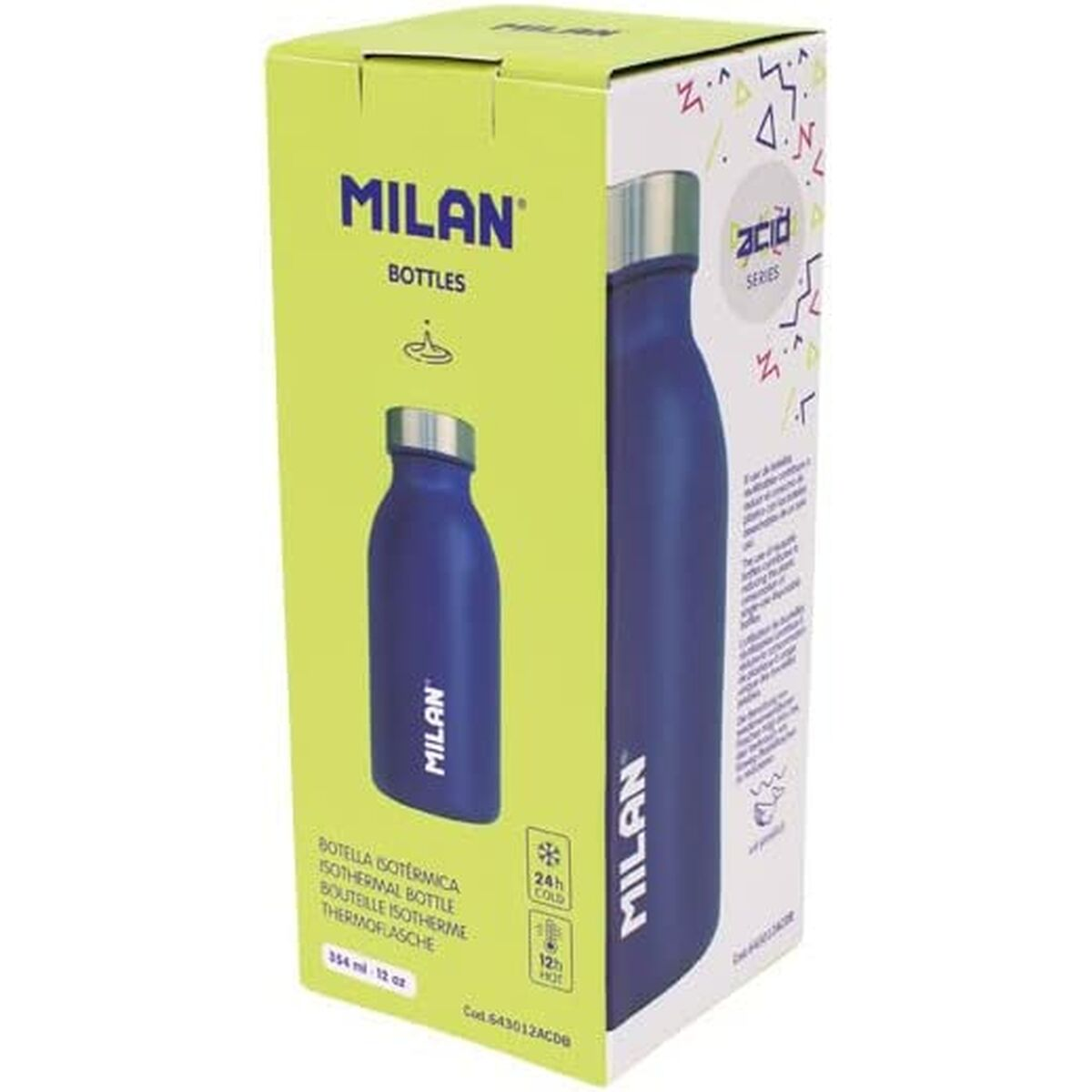 Blaue Milan-Flasche in einer Box. Die Box hat eine Flaschenillustration und Text. Hellgrüne und weiße Farben.