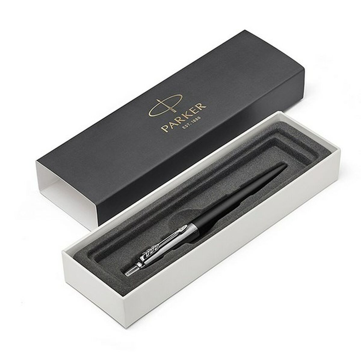 Ein schwarzer Parker-Stift in einer schwarzen Box mit weißem Innenraum.