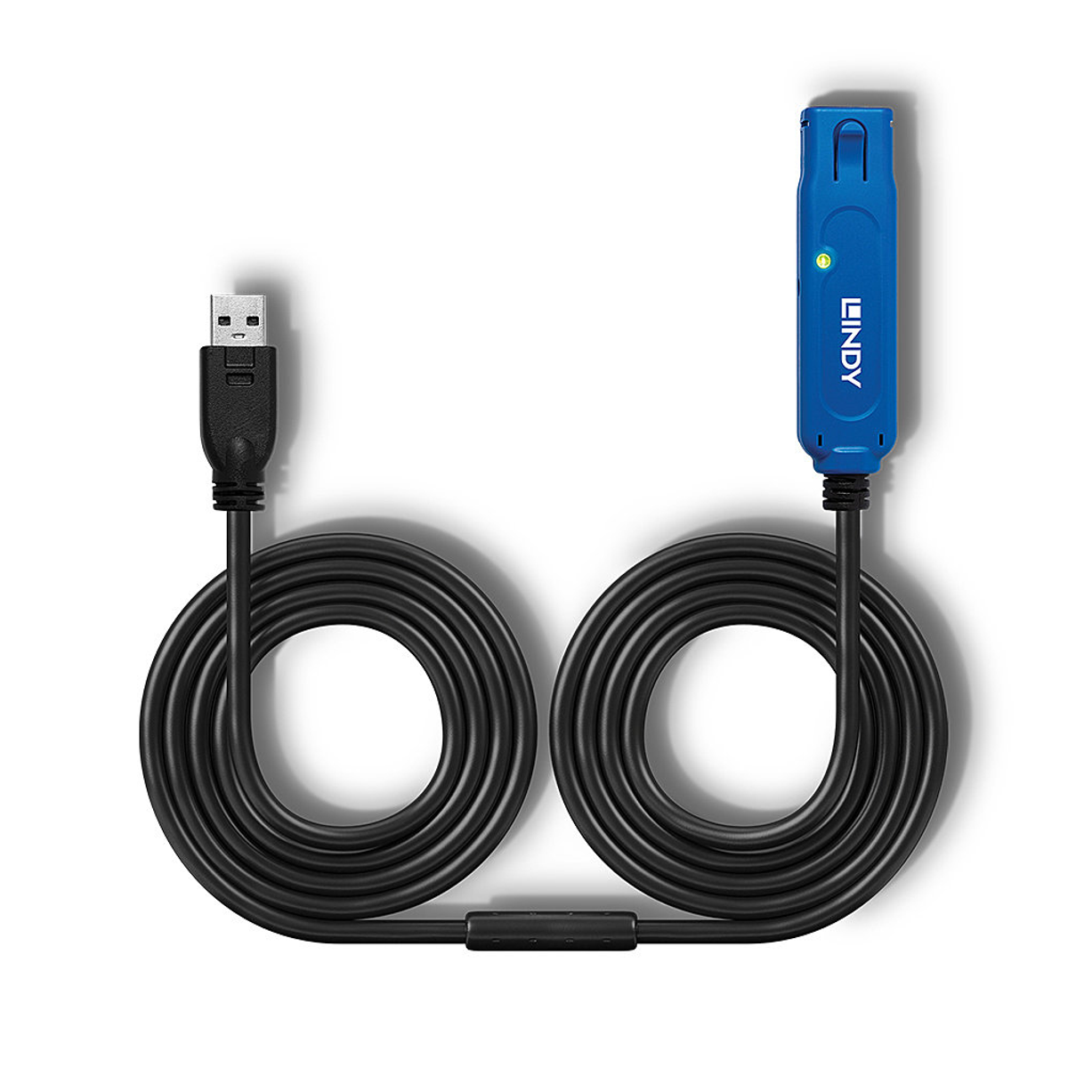 Cable USB con extremo USB-A y USB-C azul. Cable negro, fondo blanco.