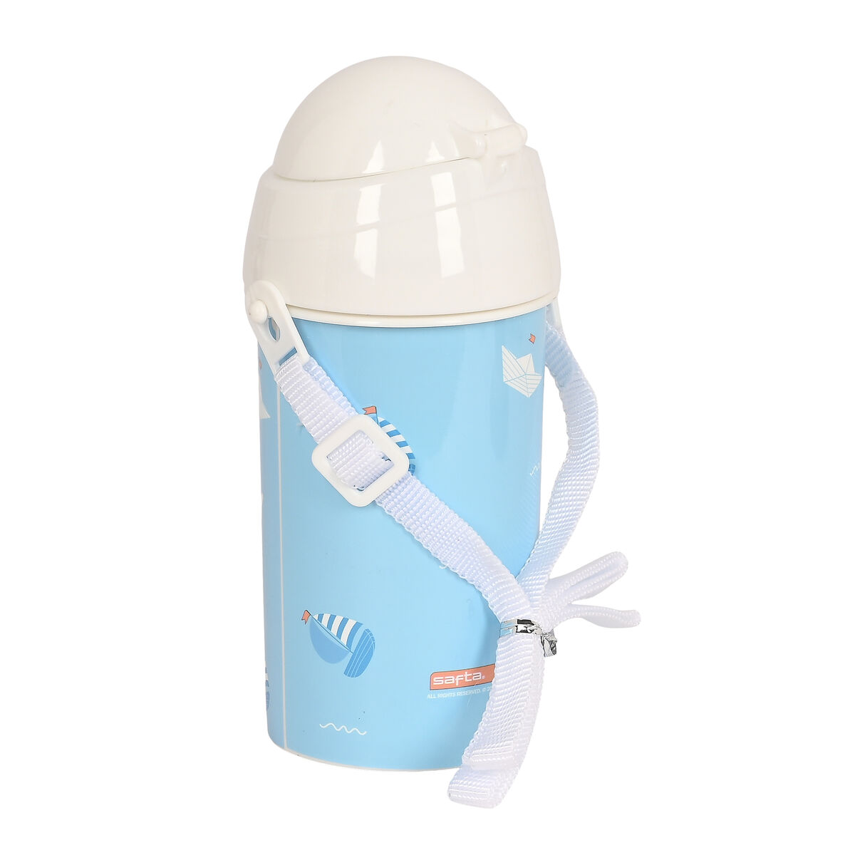 Blaue Wasserflasche mit weißem Deckel und Riemen. Es hat ein nautisches Thema Design.
