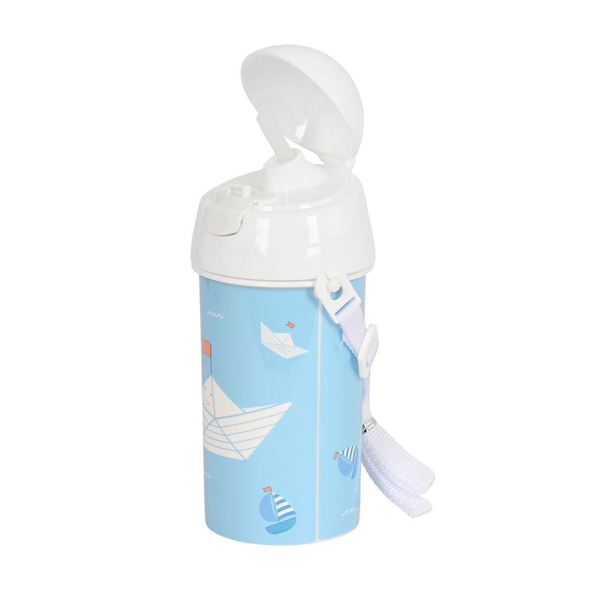 Eine blau-weiße Wasserflasche mit Bootsdesign, offenem Deckel und Riemen.