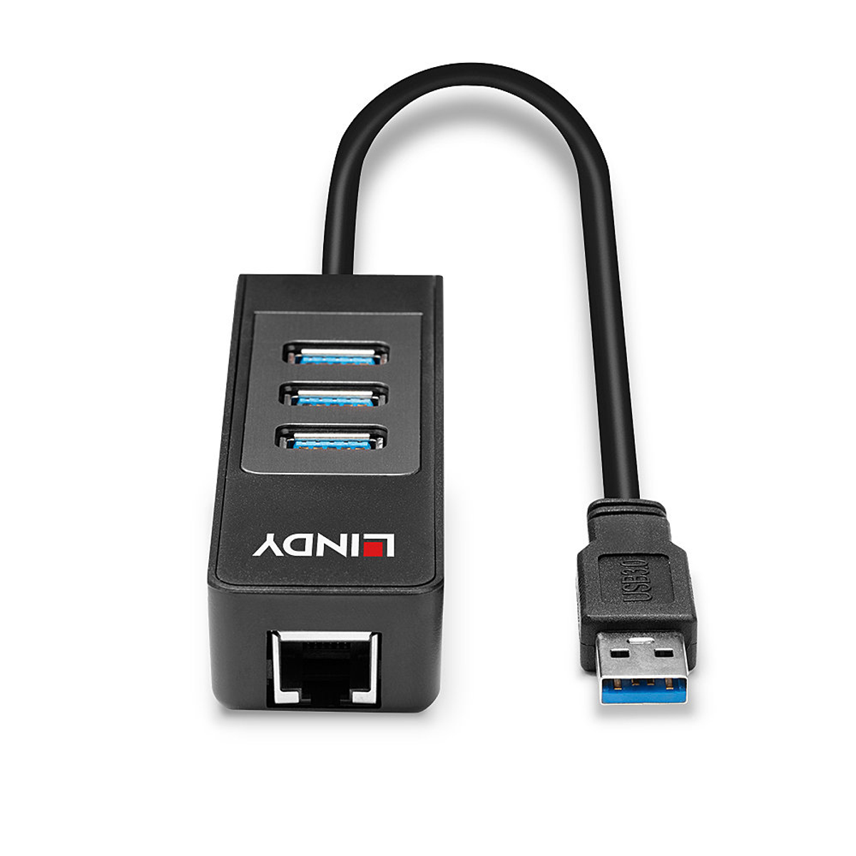 Lindy USB-Hub mit 3 USB-Anschlüssen und einem Netzwerkanschluss, auf weißem Hintergrund.