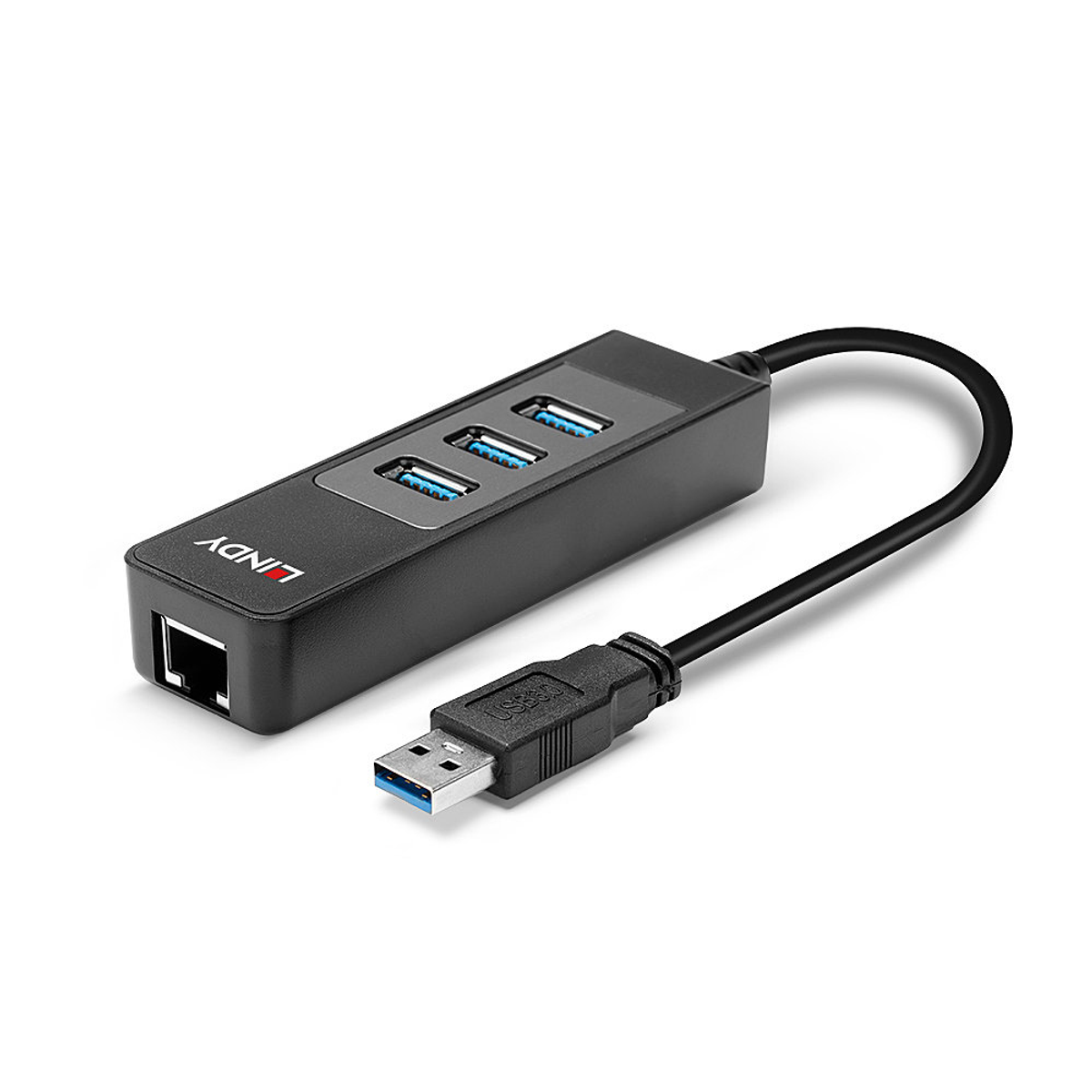 Schwarzer USB-Hub mit drei Anschlüssen und einem Netzwerkanschluss.