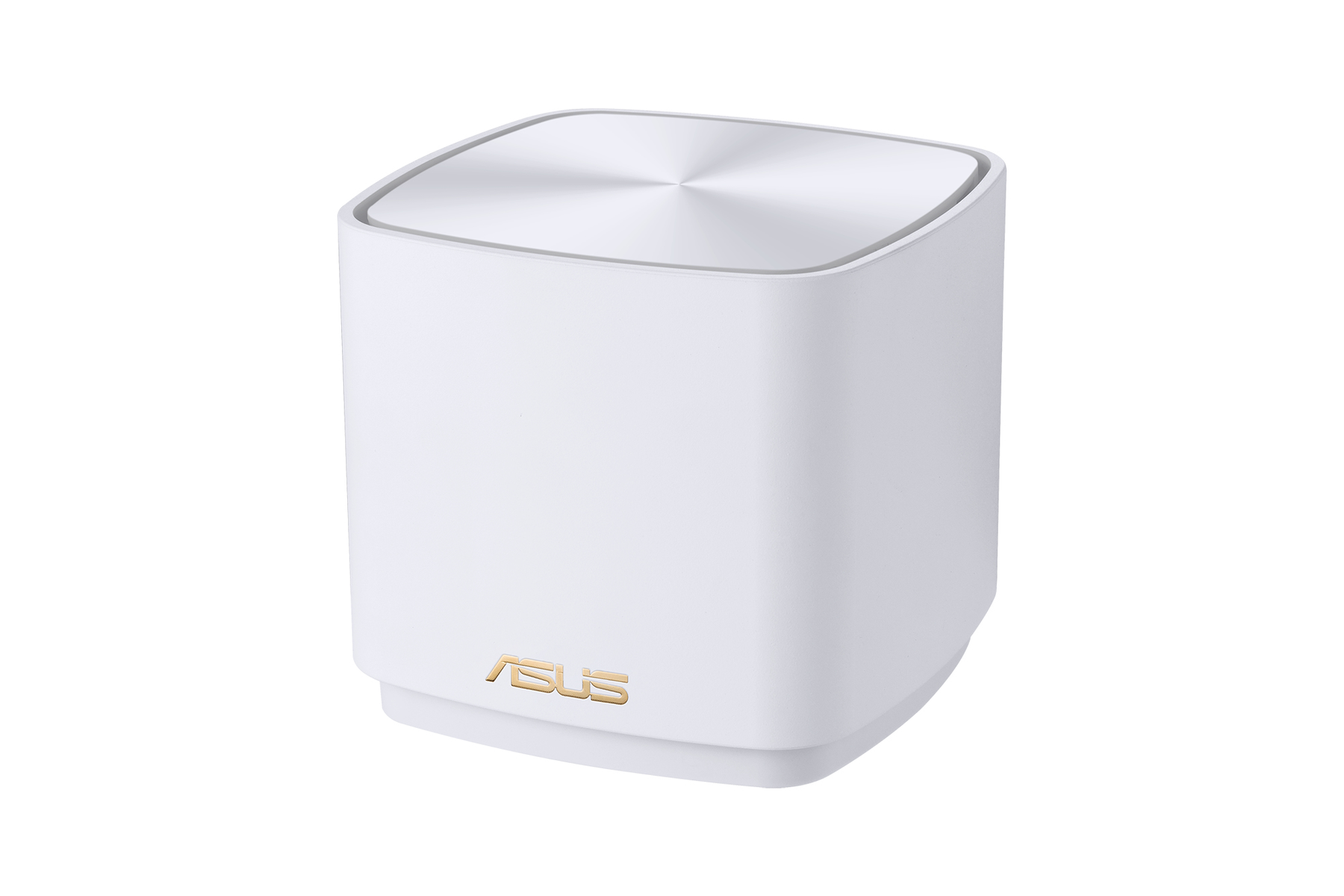 Router ASUS blanco. Diseño cuadrado con bordes redondeados. Logotipo ASUS dorado. Superficie superior plateada.