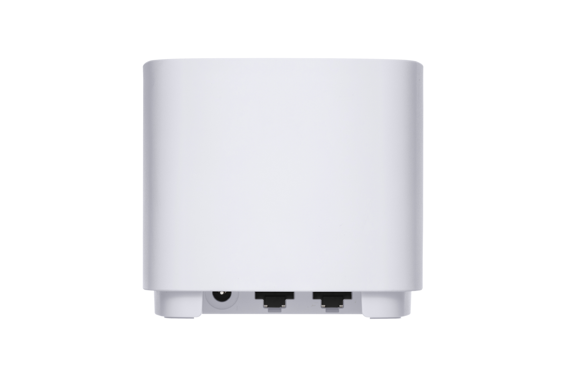 Un router bianco con una porta di alimentazione e due porte di rete è visualizzato su sfondo bianco.