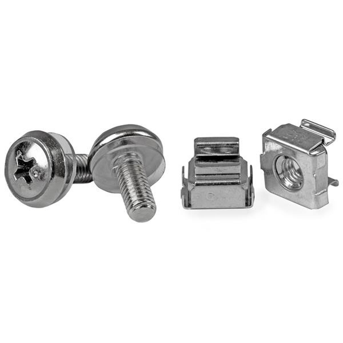 Zwei Schrauben und zwei Käfigmuttern zur Rackmontage. Sie sind aus Metall gefertigt.