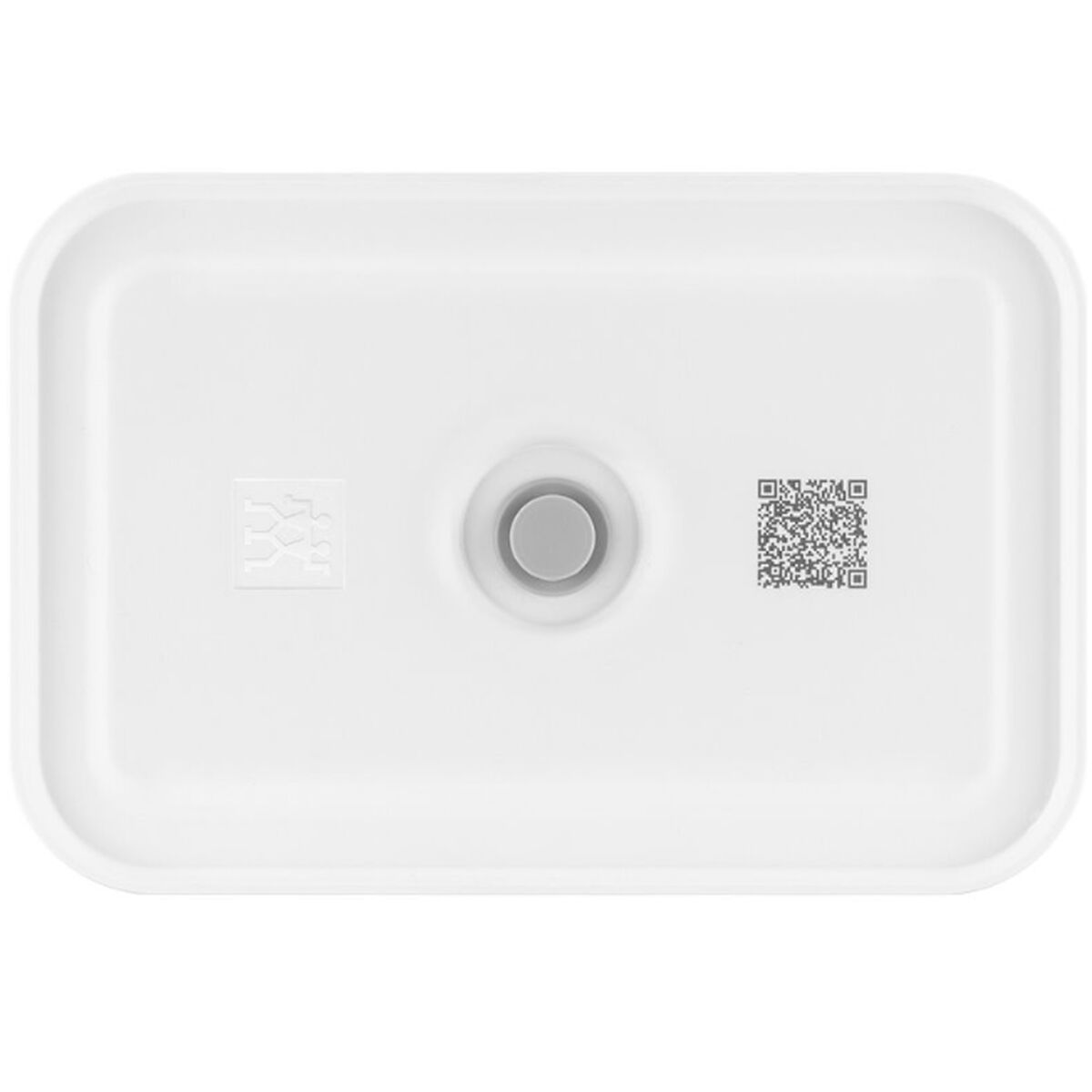 Fregadero rectangular blanco con desagüe central y código QR a la derecha.