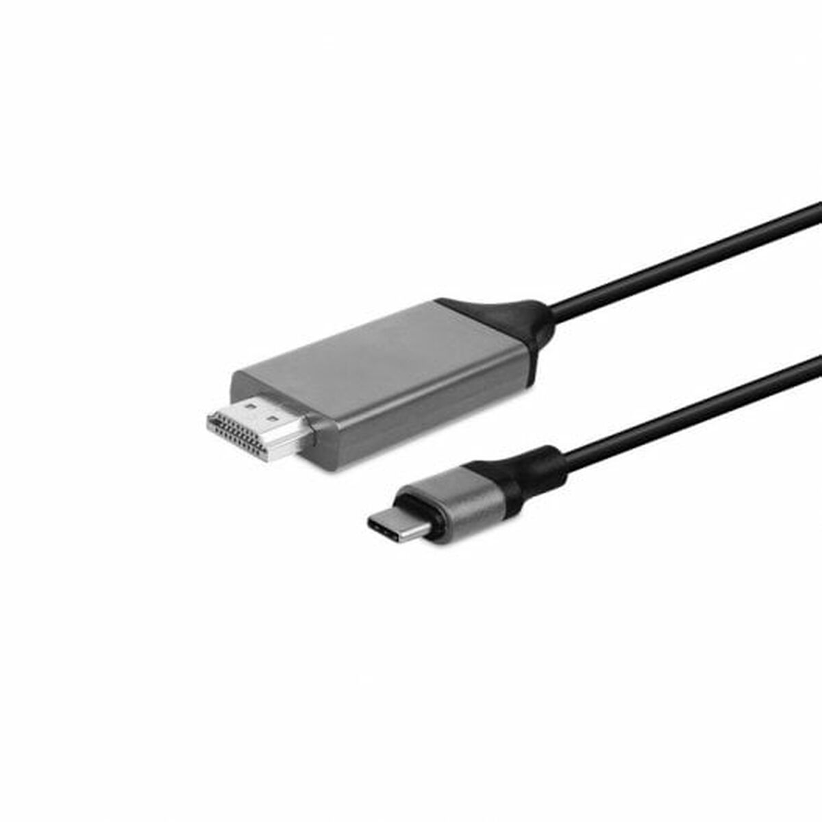 Ein HDMI-zu-USB-C-Kabel, beide Enden sichtbar. Schwarzes und graues Design.