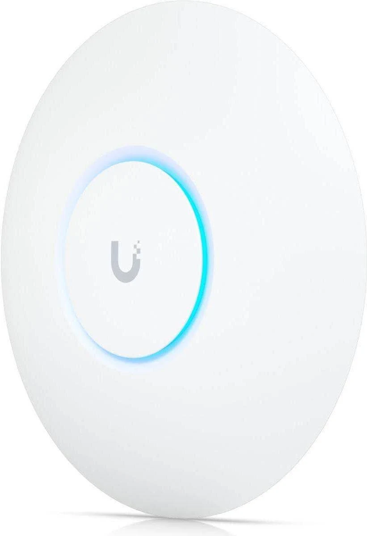 Biały, okrągły bezprzewodowy punkt dostępowy z niebieskim światłem i logo U.