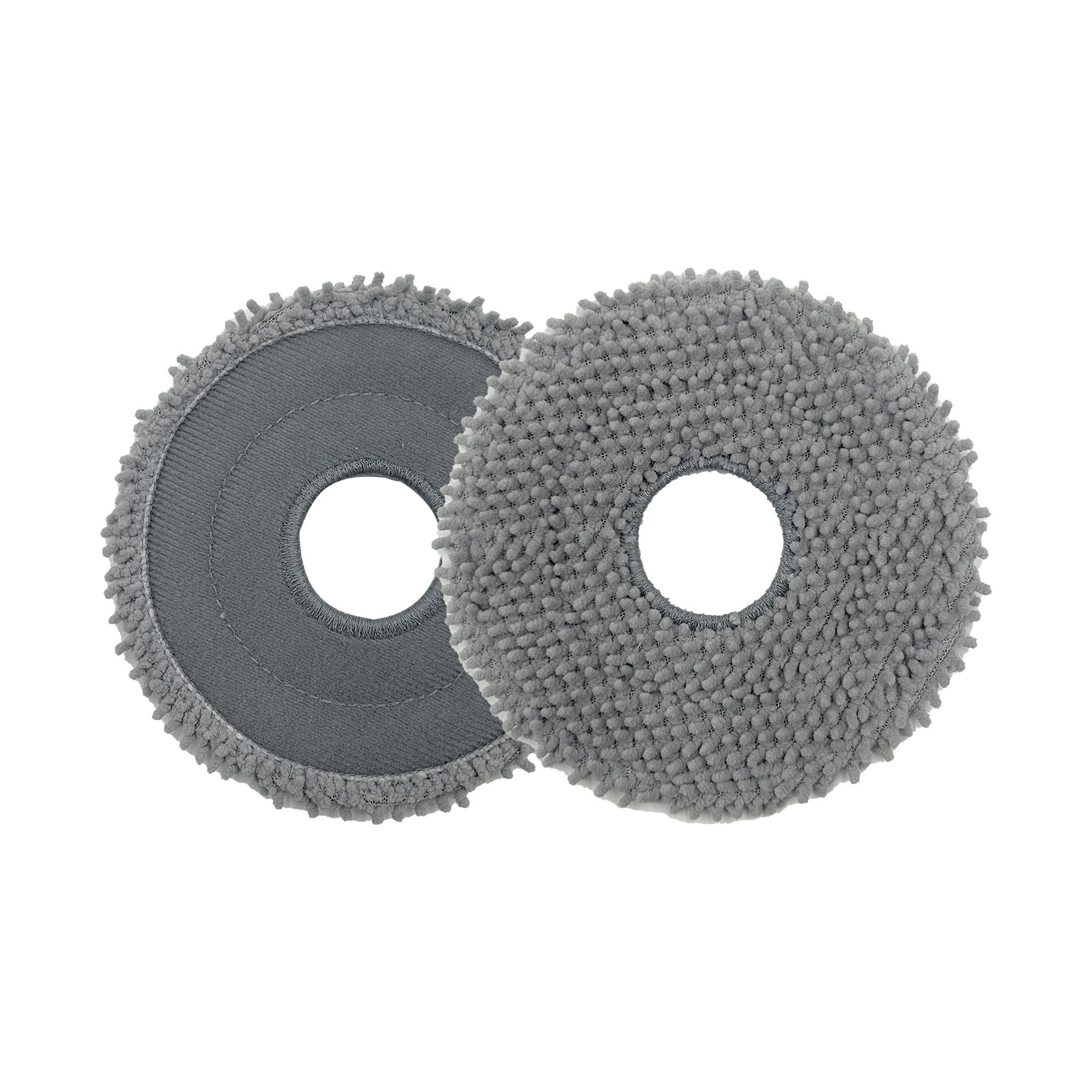 Zwei graue Mikrofaser-Wischmopp-Pads. Kreisförmig mit zentralem Loch. Weißer Hintergrund.