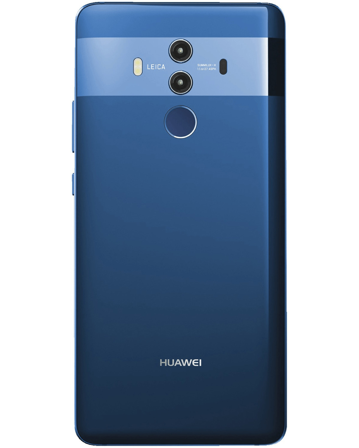 Blaue Smartphone-Rückseite. Dual-Kamera, Leica-Branding, Huawei-Logo. Weißer Hintergrund.