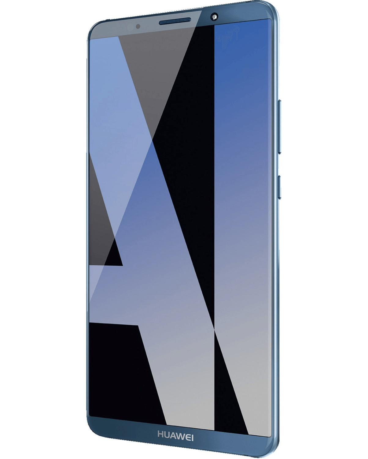 Ein blaues Huawei-Telefon mit großem Bildschirm und schlankem Design. Der Hintergrund ist weiß.