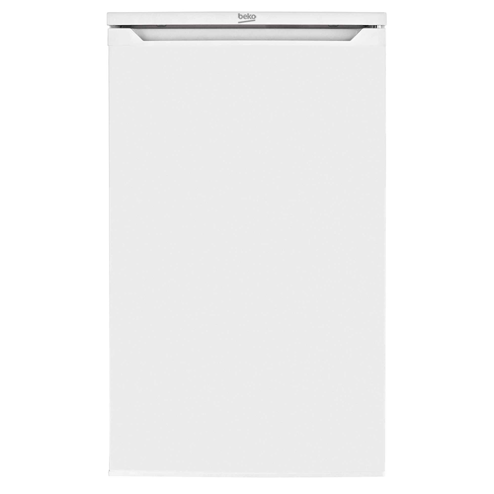 Frigorifero Beko bianco, chiuso, con il marchio in alto. Sfondo bianco.