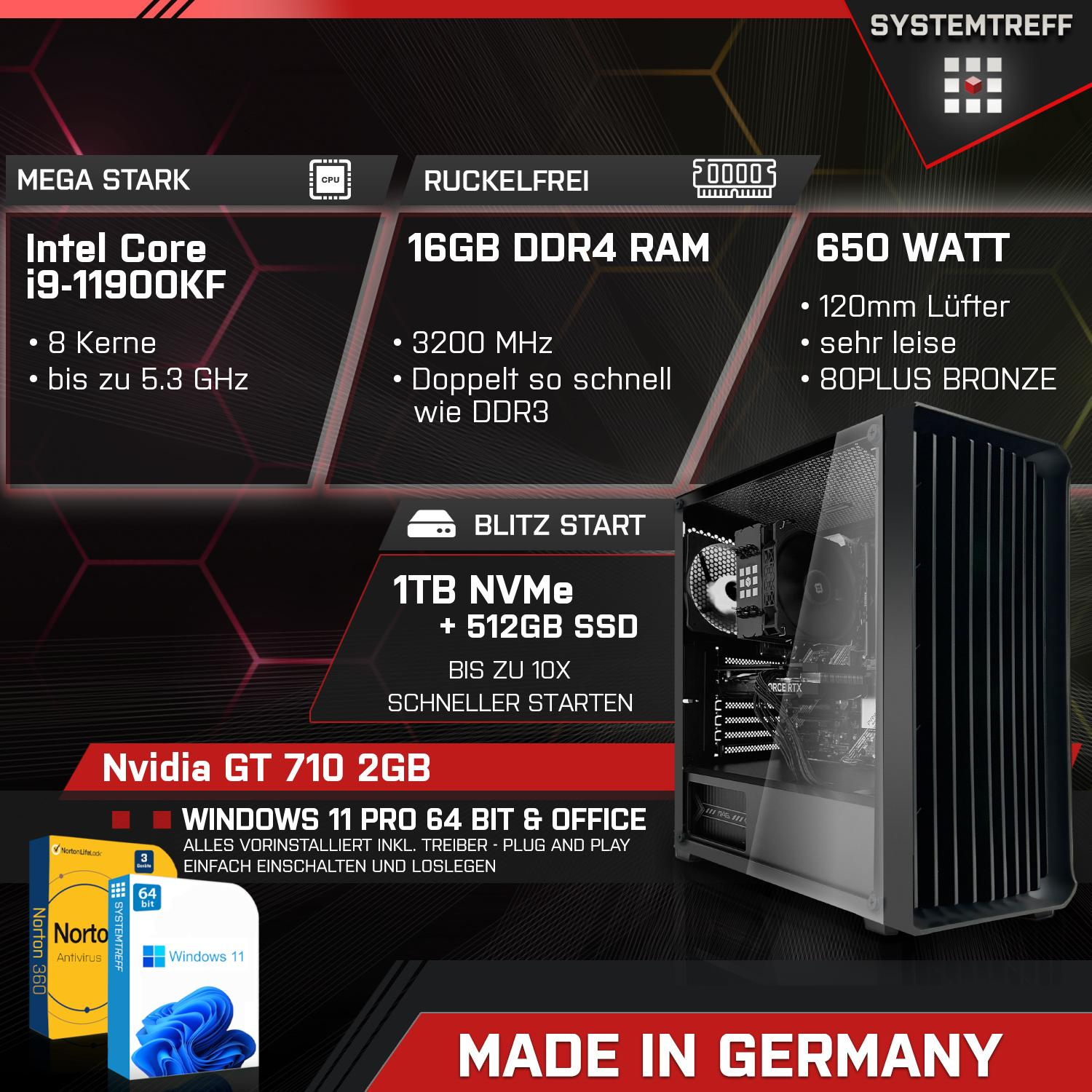 Geforce mit Prozessor, RAM, Core Intel i9-11900KF, Office 710 Komplett GB PC 2GB, 1000 GB 2 Nvidia GB 16 SYSTEMTREFF i9-11900KF Komplett GT mSSD,