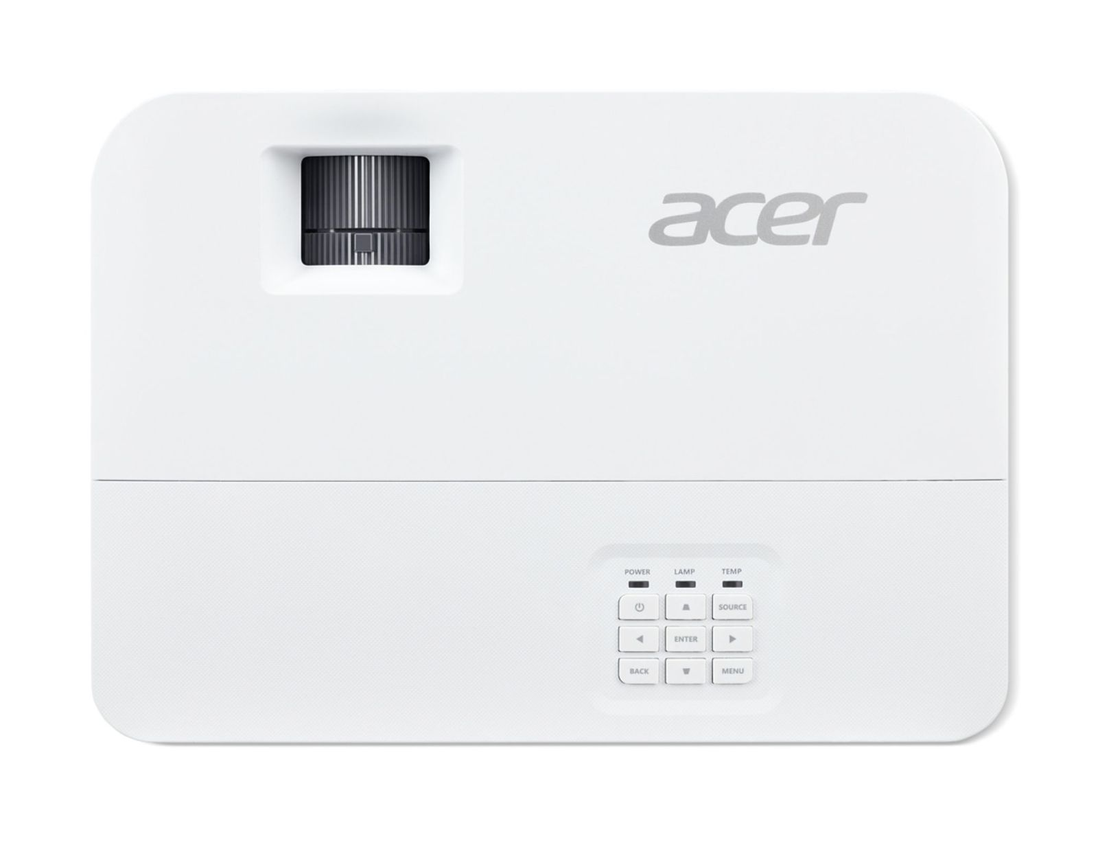 Ein weißer Acer-Projektor mit Bedienelementen, Draufsicht, auf weißer Oberfläche.