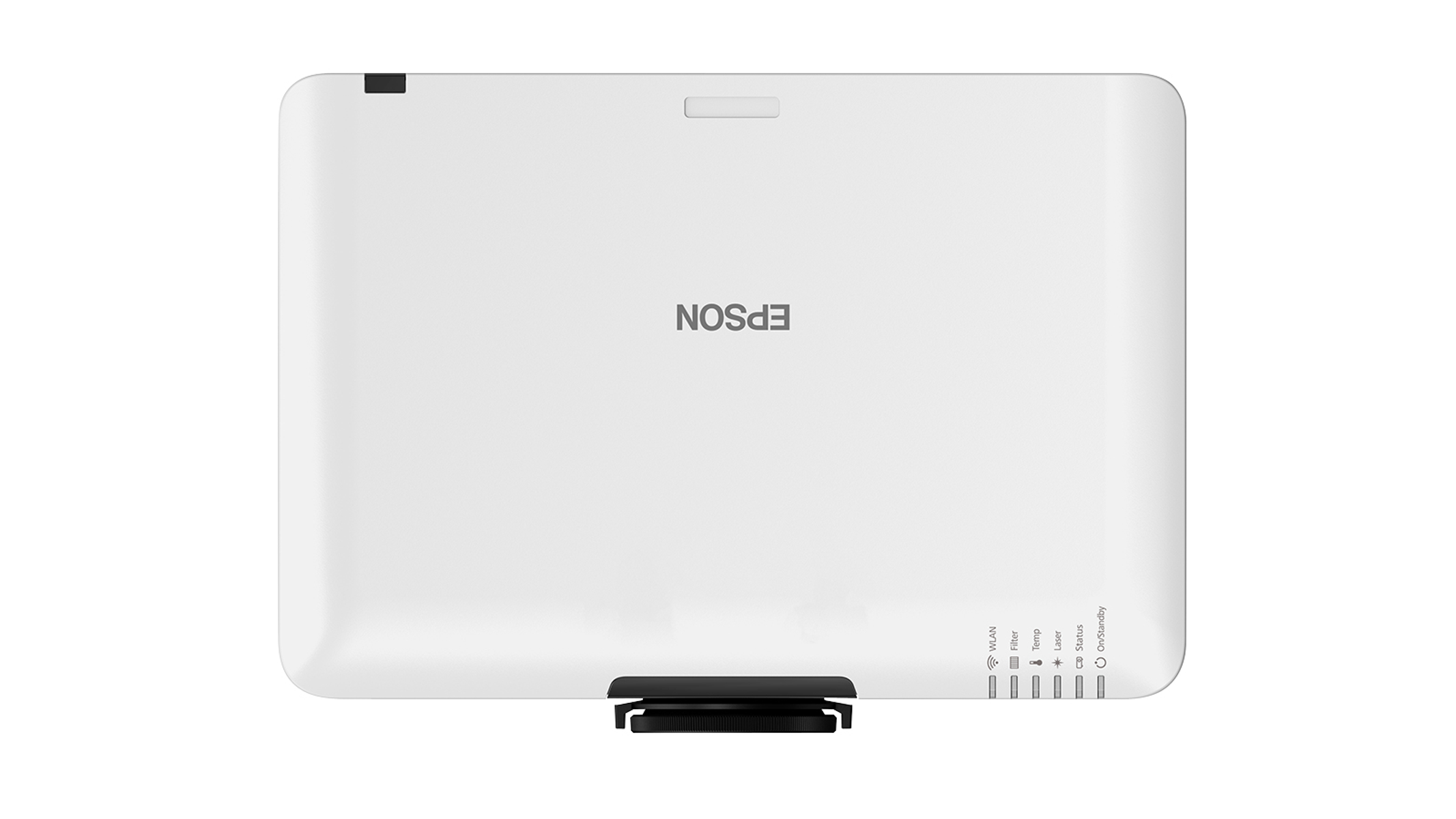 Biały projektor Epson z góry. Ma logo Epson i kilka wskaźników po prawej stronie.