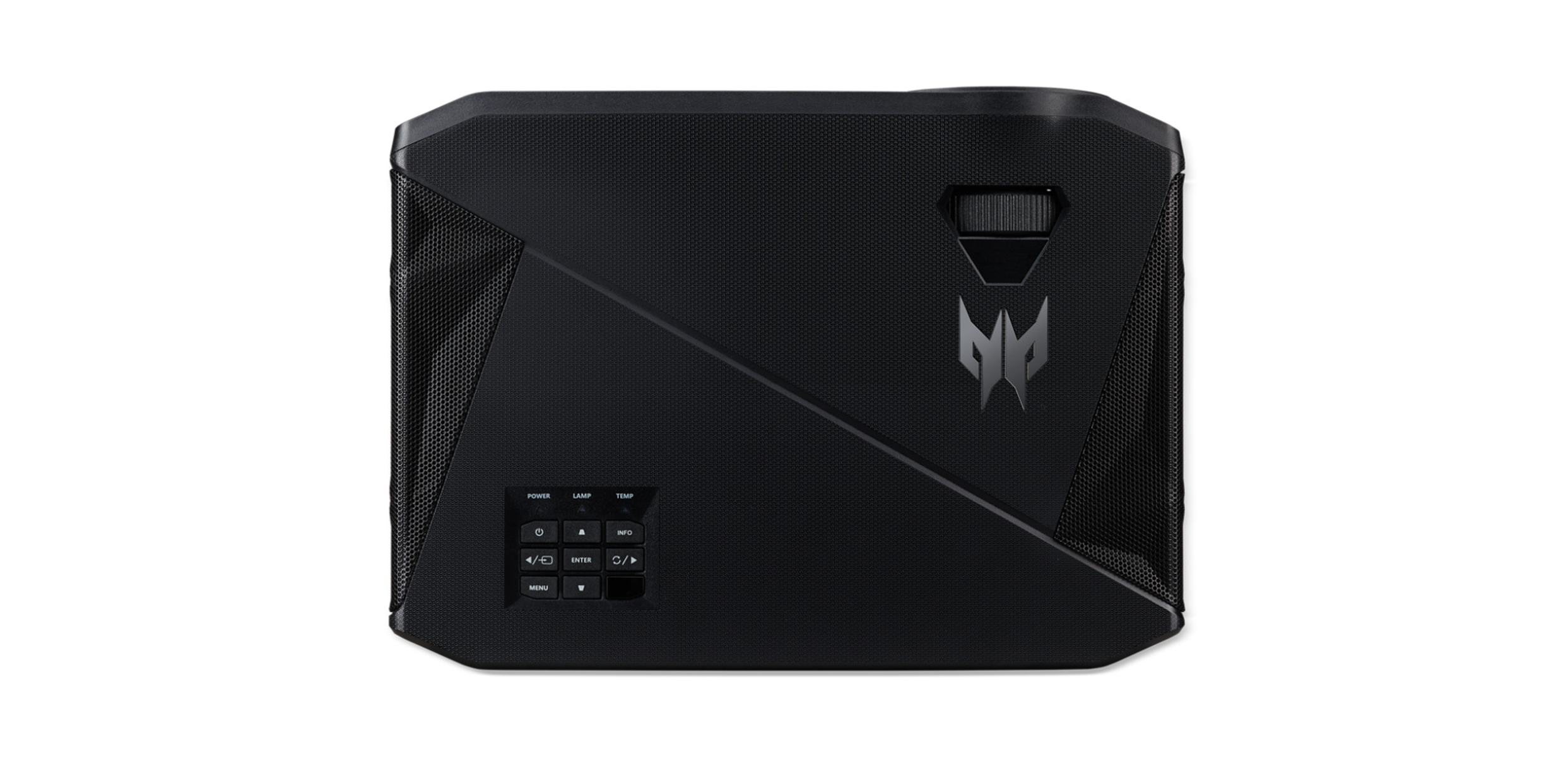 Czarny projektor Predator, widok z tyłu. Przyciski sterowania i logo widoczne, białe tło.