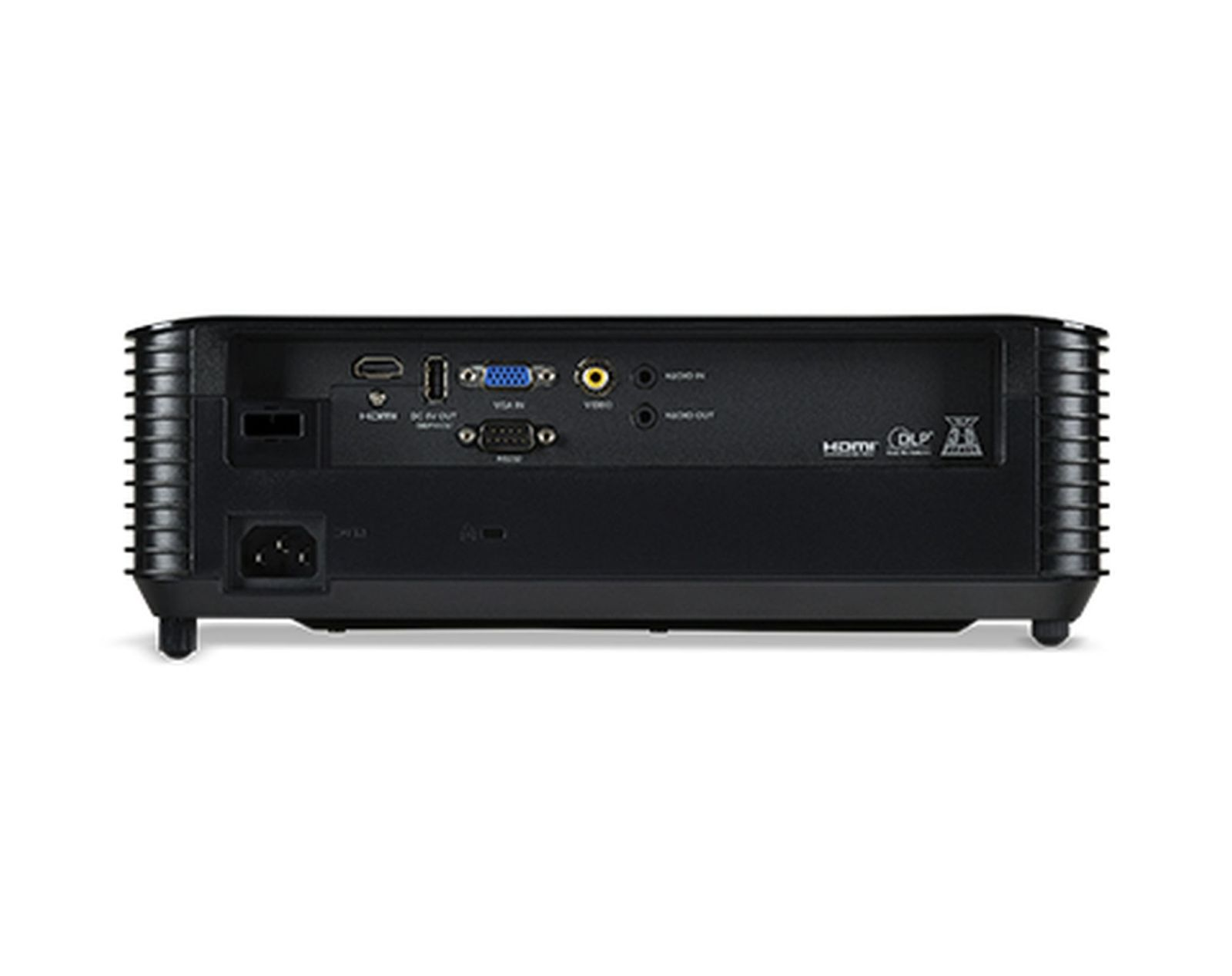 Vista trasera de un proyector Epson blanco. Puertos y conexiones visibles.