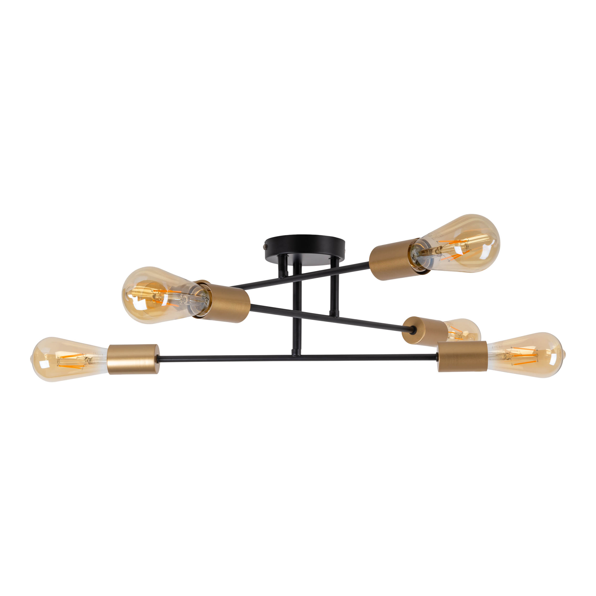 Eine schwarze Deckenlampe mit fünf Glühbirnen. Gold- und Schwarzfarben. Weißer Hintergrund.
