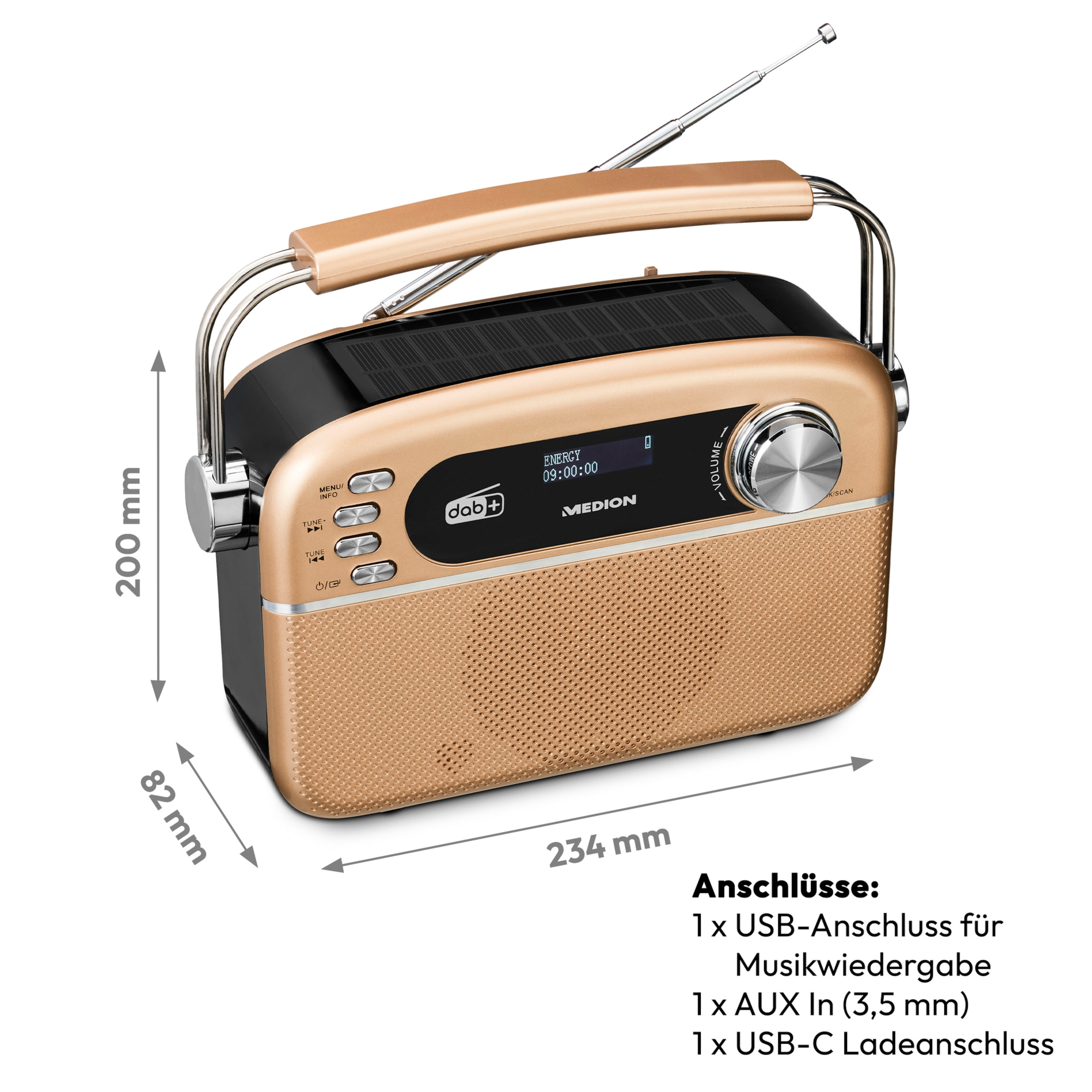 LIFE Retro-Radio, Solarpanel MEDION USB MEDION AUX Retro-Radio KW, gold E66809 Bluetooth gold DAB+/PLL-UKW