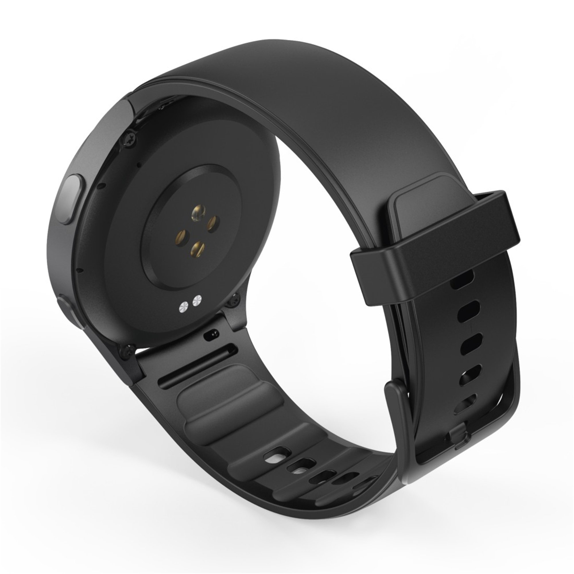 Czarny smartwatch z zakrzywionym ekranem i czarnym paskiem. Spód pokazuje czujniki.